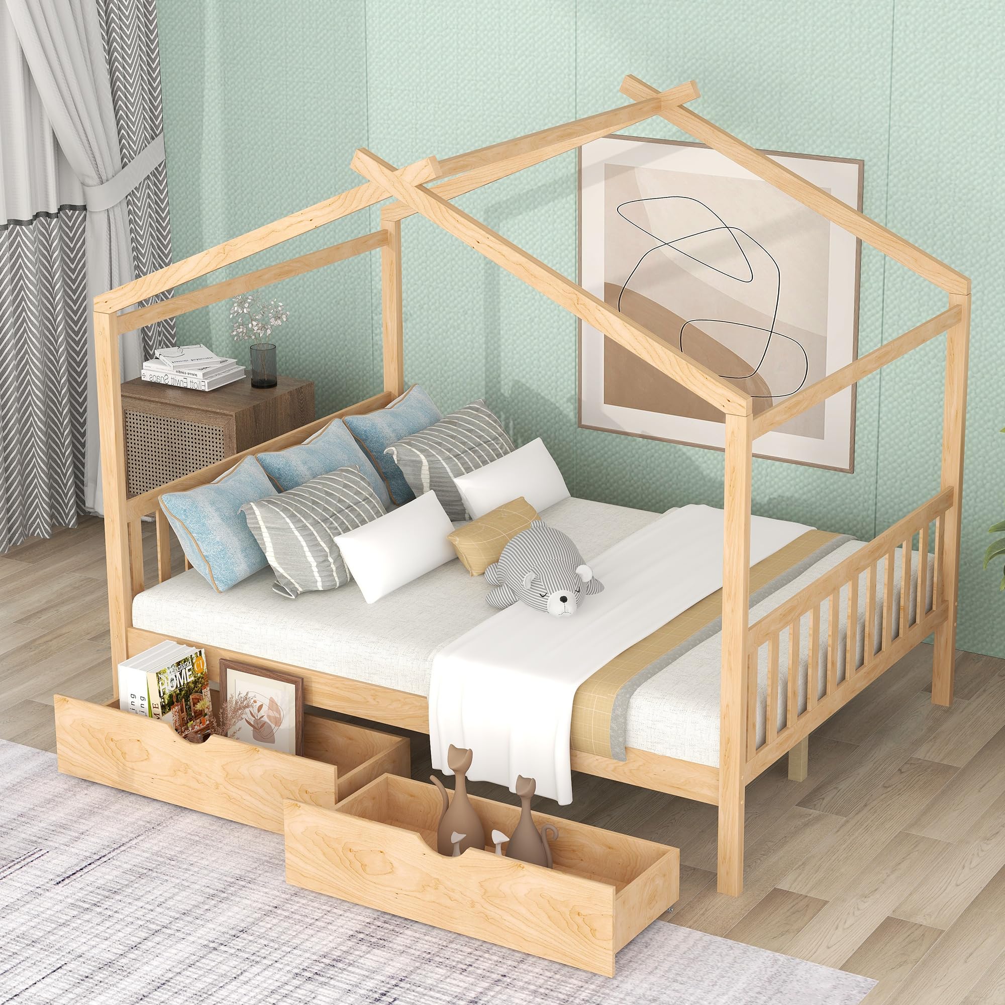 Solid Wood Full Bed Frame with Headboard & Footboard - Low Profile House Bed with Underbed Storage Drawers - Natural Finish for Kids, Teens, Boys & Girls - Perfect for Small Bedrooms, Dorm Rooms & Guest Rooms