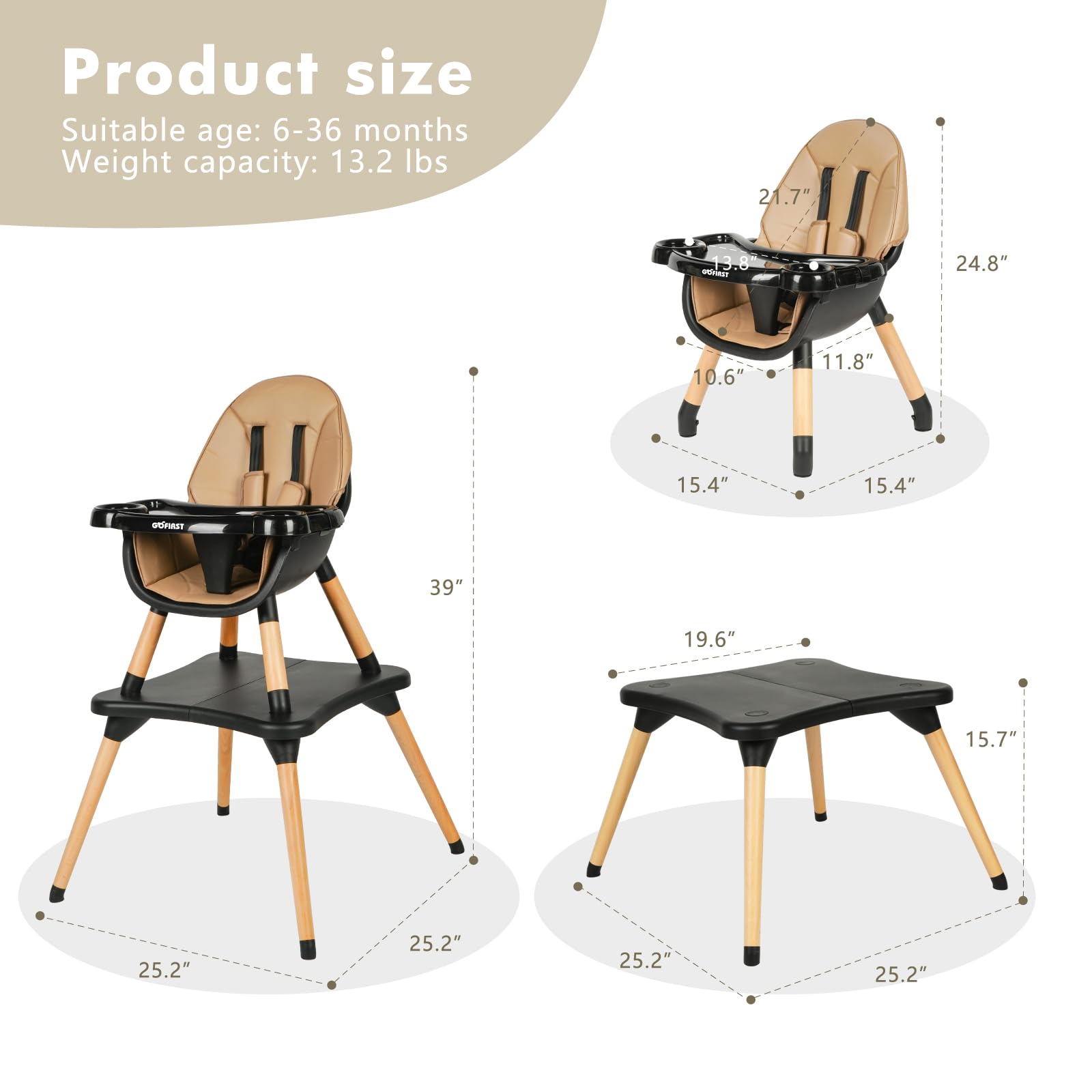 Gofirst 6-in-1 Convertible Wooden High Chair for Babies & Toddlers - Adjustable Infant Dining Booster Seat with Building Block Table & 4-Position Removable Feeding Tray - Perfect for Home, Restaurant & Travel Use