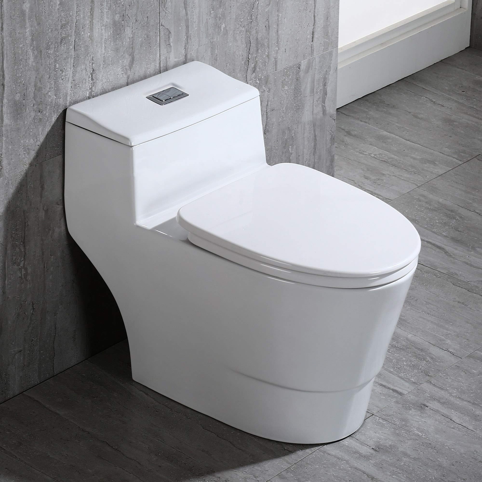 WOODBRIDGE T-0018/B-0735 Dual Flush Elongated One Piece Toilet with Soft Closing Seat, Comfort Height, White - Modern Bathroom Design for Home & Commercial Use