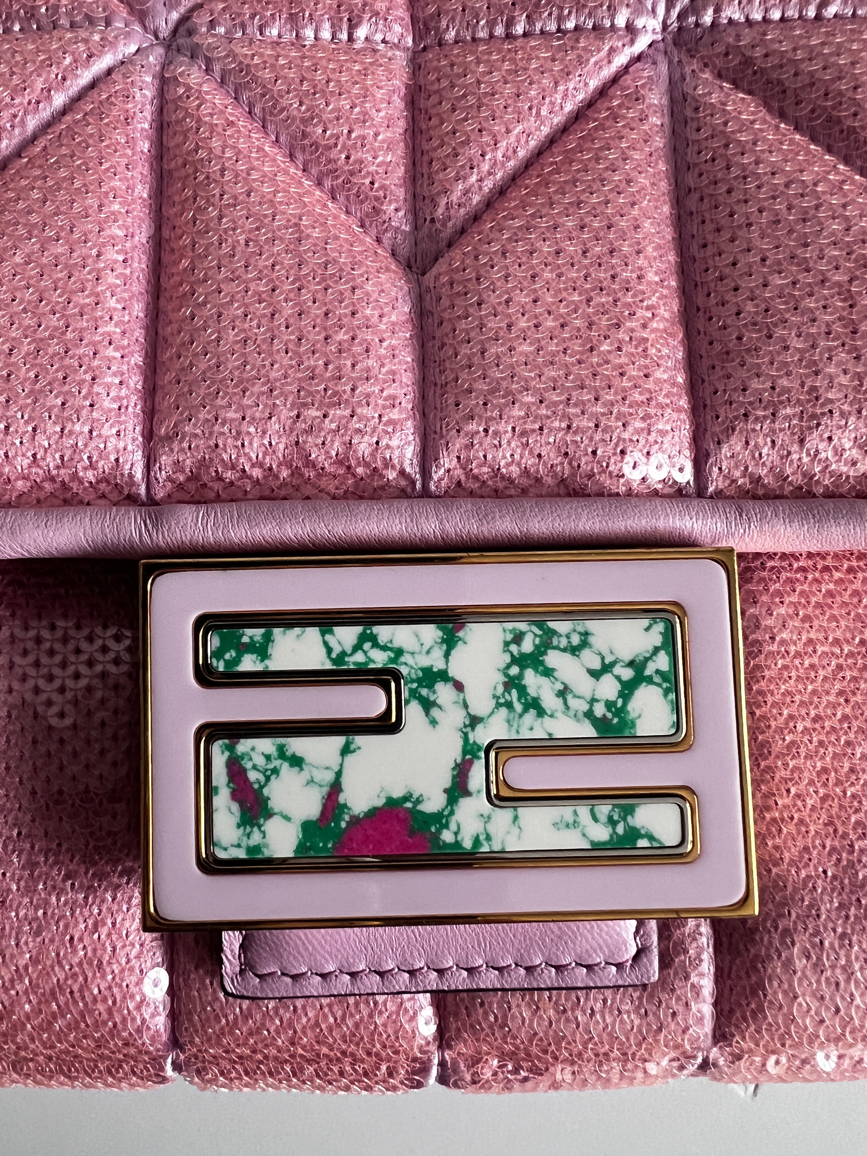 Fendi Pink Sequins Magnetic Buckle Baguette Bag - Detachable & Replaceable Strap for Women, Perfect for Parties, Weddings & Evening Events