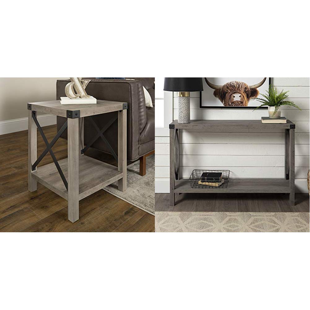 Rustic Modern Farmhouse Square Side Table - 46 Inch Metal & Wood Entryway Accent Table with Barnwood Finish, Grey - Perfect for Living Room, Hallway or Bedroom Decor