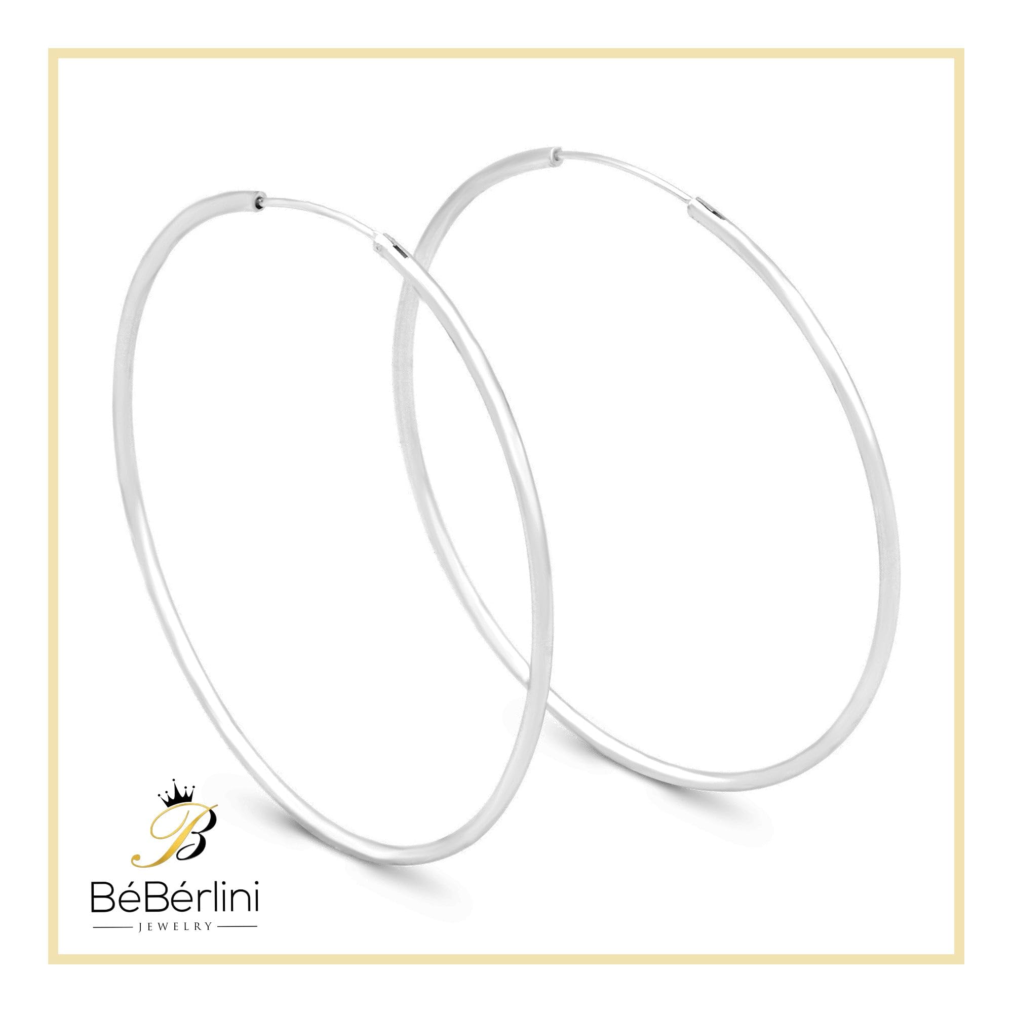 BEBERLINI Silver Large Hoop Earrings for Women - 2mm Thick Plain Hoops, Hip Hop Fashion Jewelry - Perfect for Everyday Wear, Parties and Gift Giving