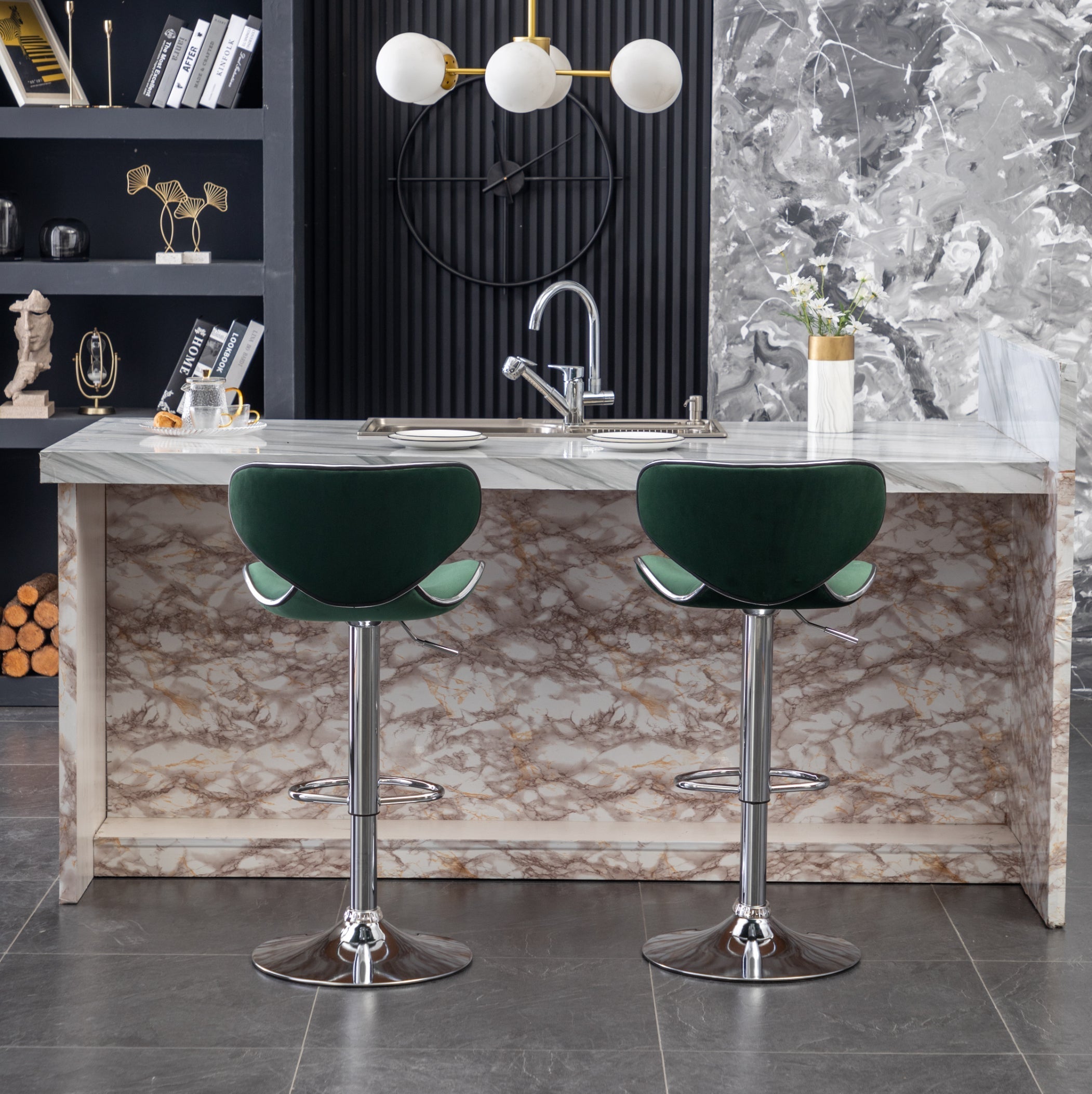Roundhill Furniture Masaccio Velvet Adjustable Swivel Bar Stool - Set of 2, Green Upholstered Counter Height Stools for Kitchen Island, Bar & Breakfast Nook
