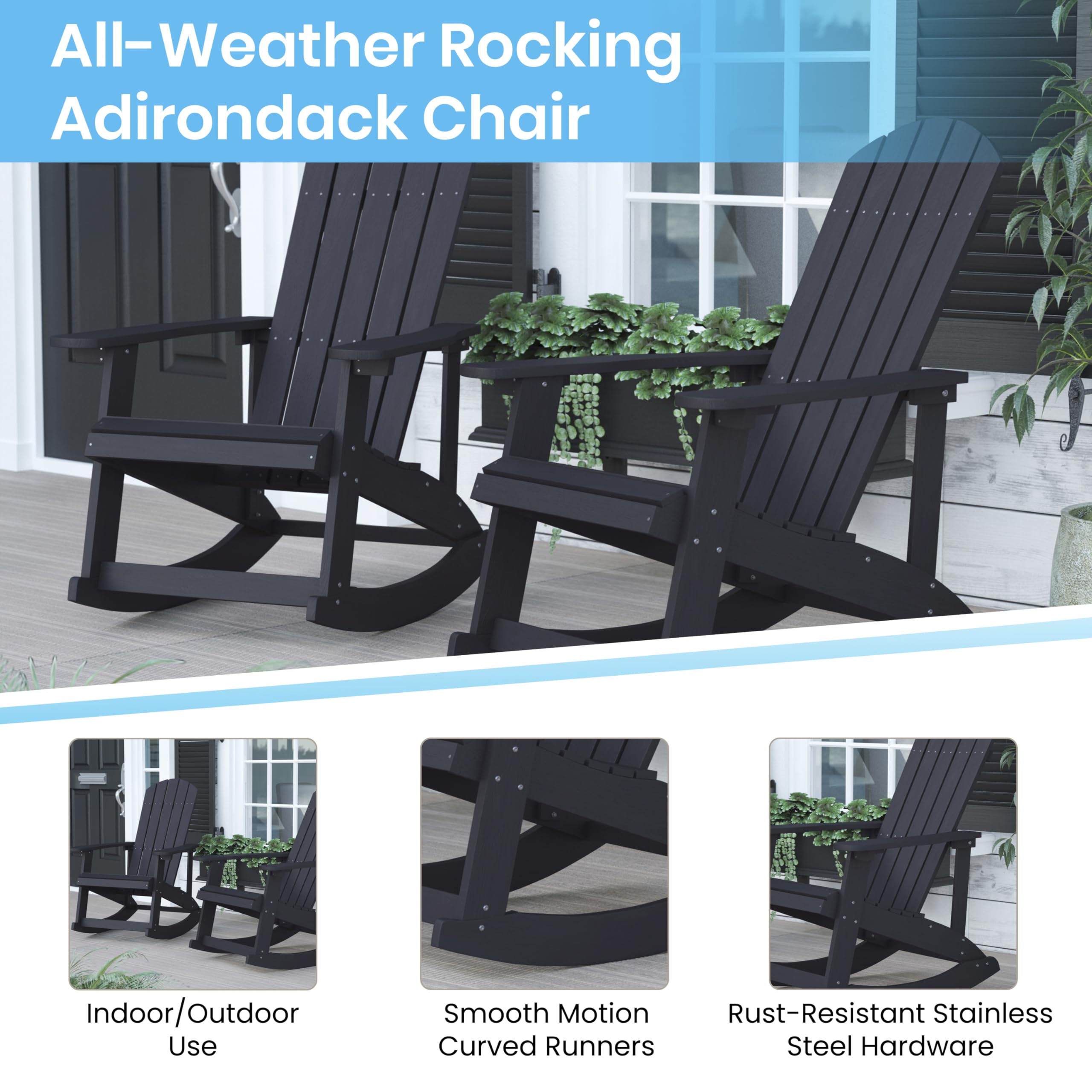 EMMA + OLIVER 2-Piece Marcy Adirondack Rocking Chairs with Fire Pit Set - Durable Black Polyresin Construction & Metal Wood Burning Fire Pit - Includes Spark Screen & Poker Tool - Perfect for Patio, Garden, Backyard, and Outdoor Relaxation