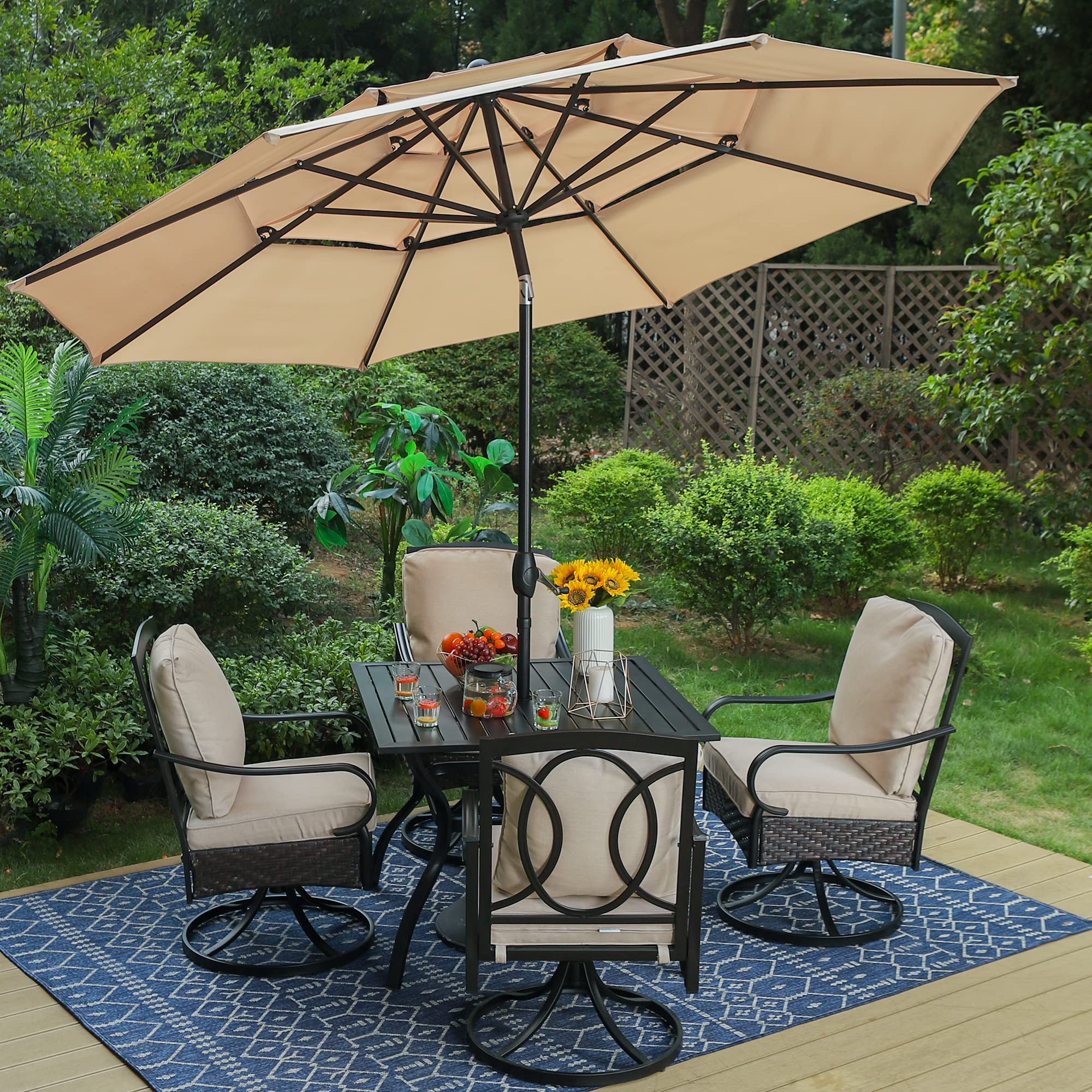 PHI VILLA 6-Piece All-Weather Outdoor Dining Set - Heavy Duty Square Patio Table with 4 XL Swivel Chairs & Thick Cushions - Includes Umbrella - Perfect for Backyard, Deck, Garden & Poolside Entertaining