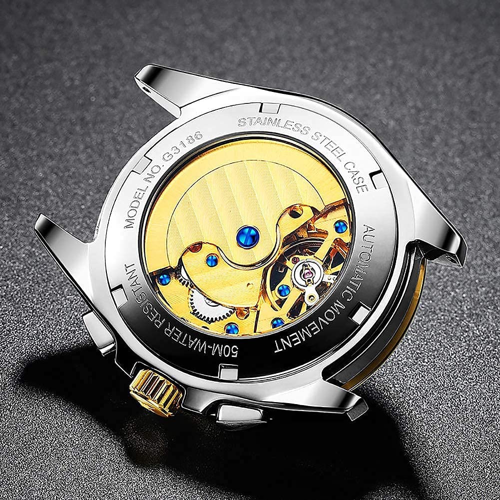 OUPINKE Men's Skeleton Automatic Mechanical Watch with Calendar - Sapphire Crystal, Tungsten Steel, Waterproof (100M) - Luxury Dress & Business Wristwatch for Formal Occasions & Everyday Wear