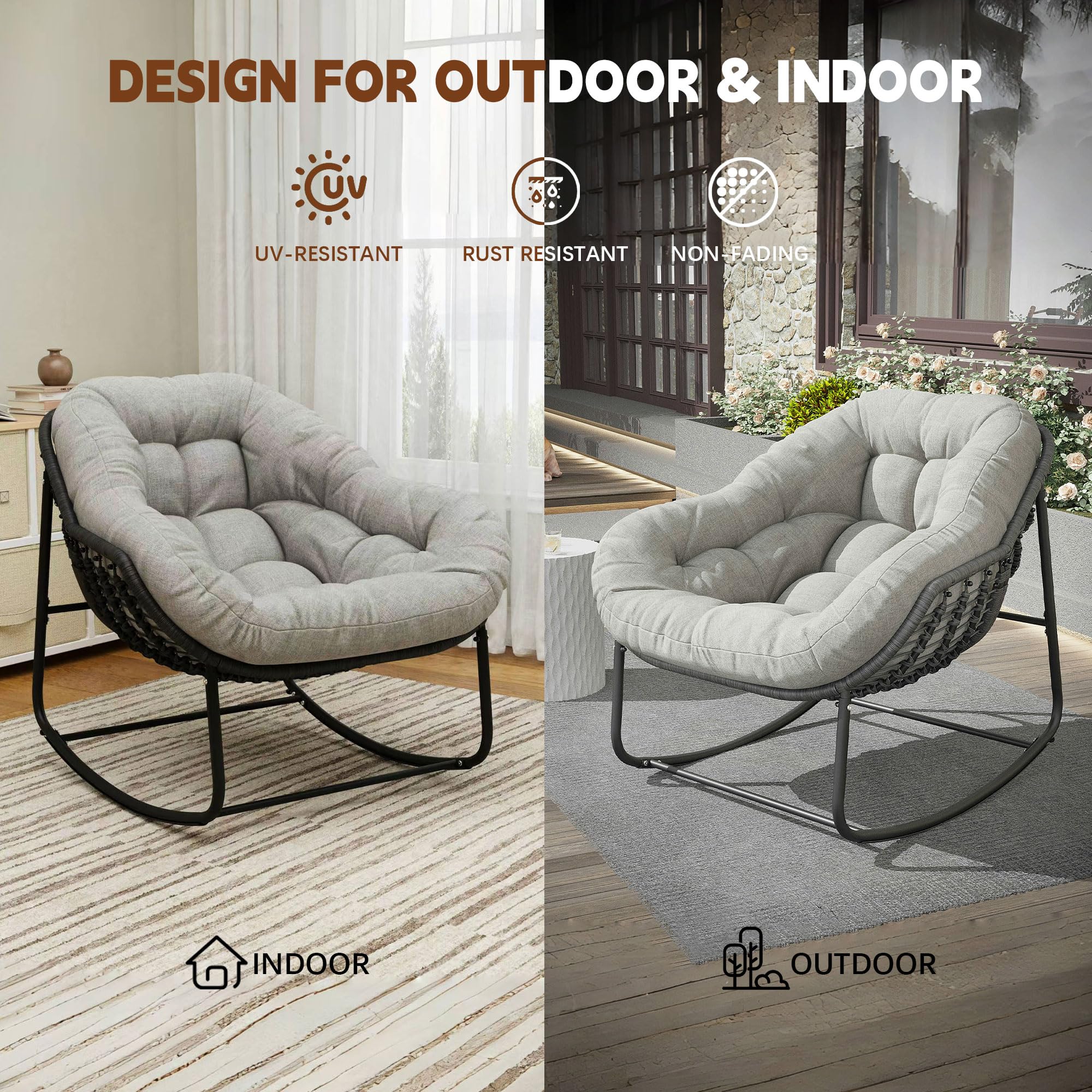 2-Piece Outdoor Rocking Chair Set - Patio Wicker Egg Chairs with Padded Cushions, Indoor/Outdoor Double Papasan Rockers in Light Grey - Perfect for Front Porch, Garden, Patio & Backyard Relaxation