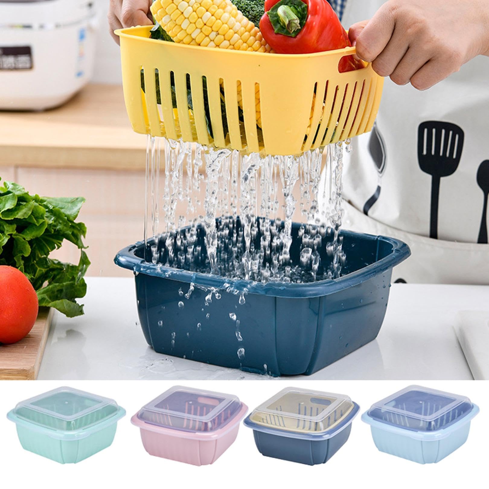 Double Layer Vegetable and Fruit Washing Basket with Drainage & Clear Plastic Lid - Kitchen Sink Storage Organizer for Fresh Produce (Green) - Perfect for Washing, Draining, and Storing Fruits & Vegetables