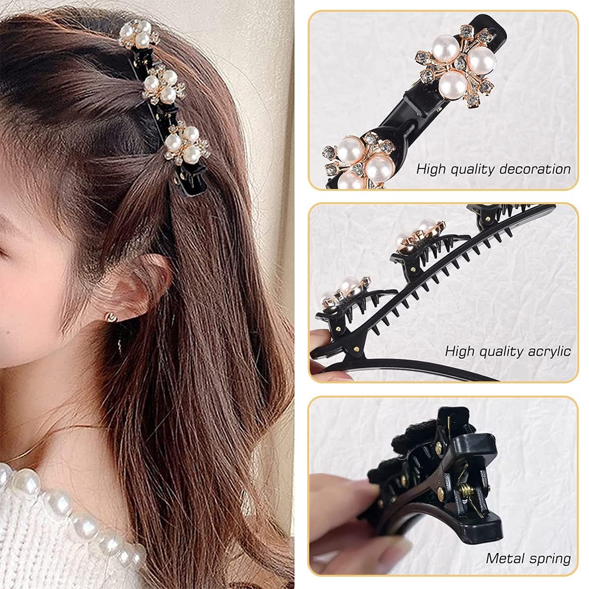 BIRZAR 12 Pack Pearl Hair Clips for Women & Girls - Braided Butterfly Duckbill Hairpins with 3 Small Clips - Fashion Hair Accessories for Styling, Parties, Weddings & Everyday Use