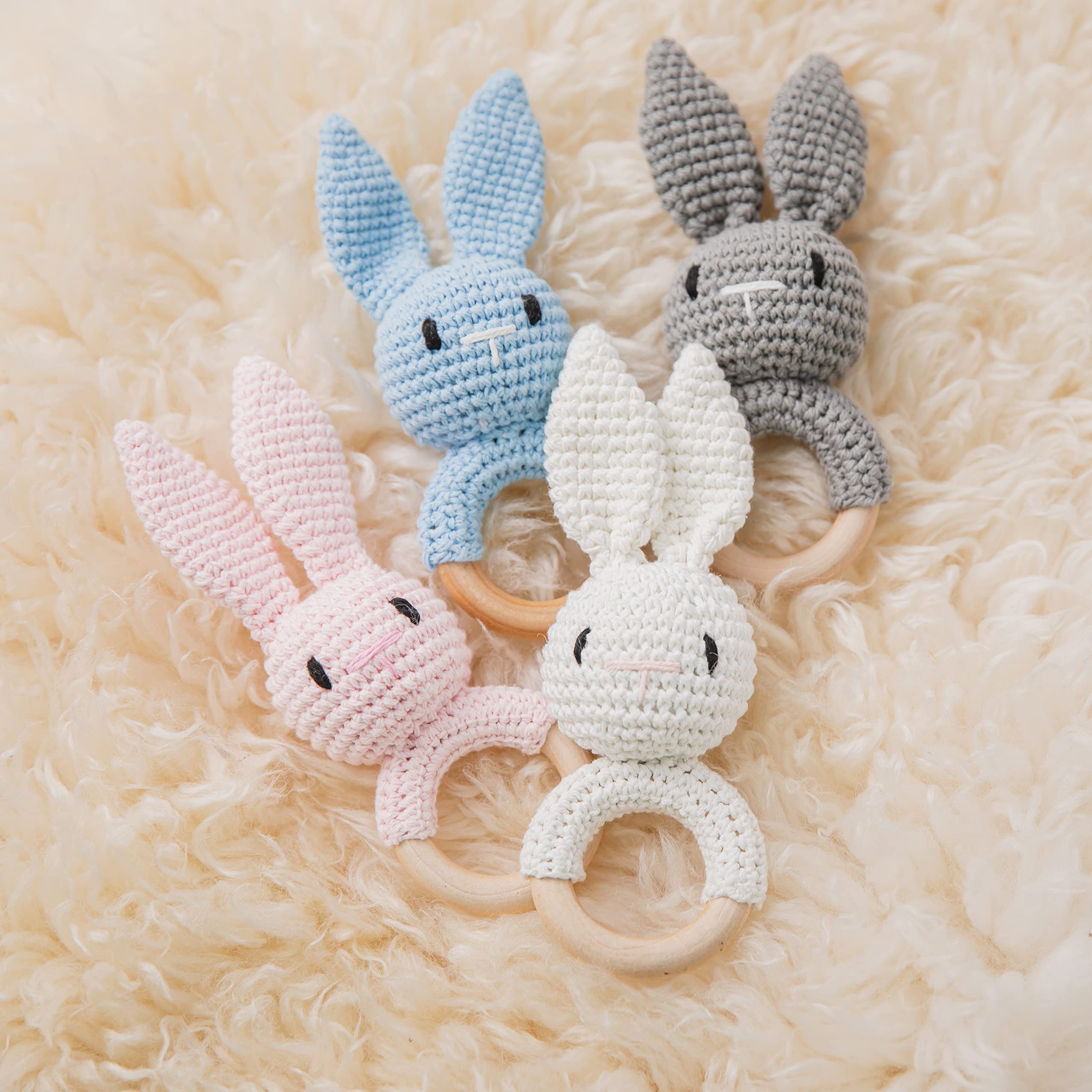 Wooden Baby Rattle for Toddlers - Handmade Crochet Pink Bunny Ring Rattle Toy | Safe & Natural Newborn Infant Toy | Perfect for Teething, Sensory Play & Early Childhood Development