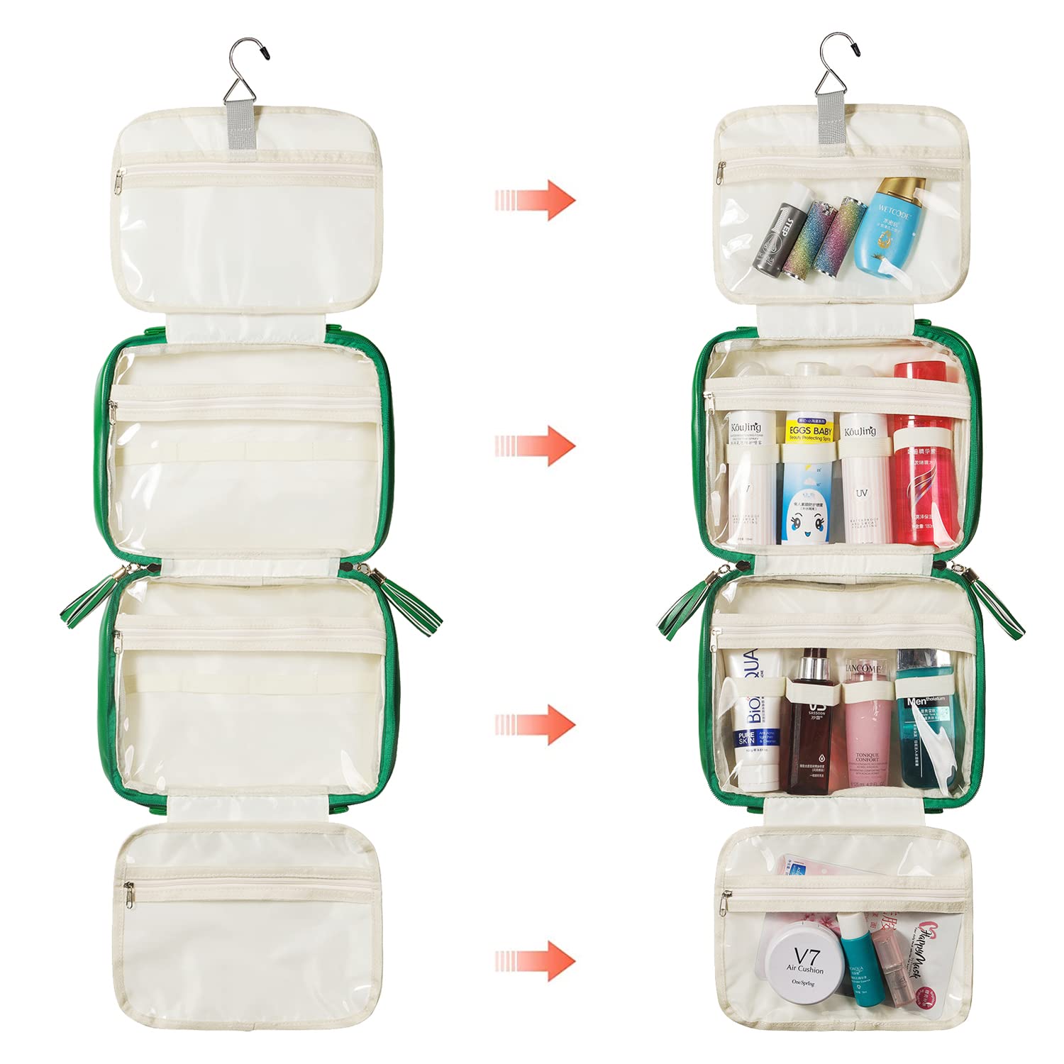 LACATTURA Leather Hanging Toiletry Bag for Women - Large 4-Layer Waterproof Travel Makeup Organizer - Portable Cosmetic Bag for Shampoo, Skincare & Personal Care - Perfect for Bathroom, Camping & Business Trips - Green