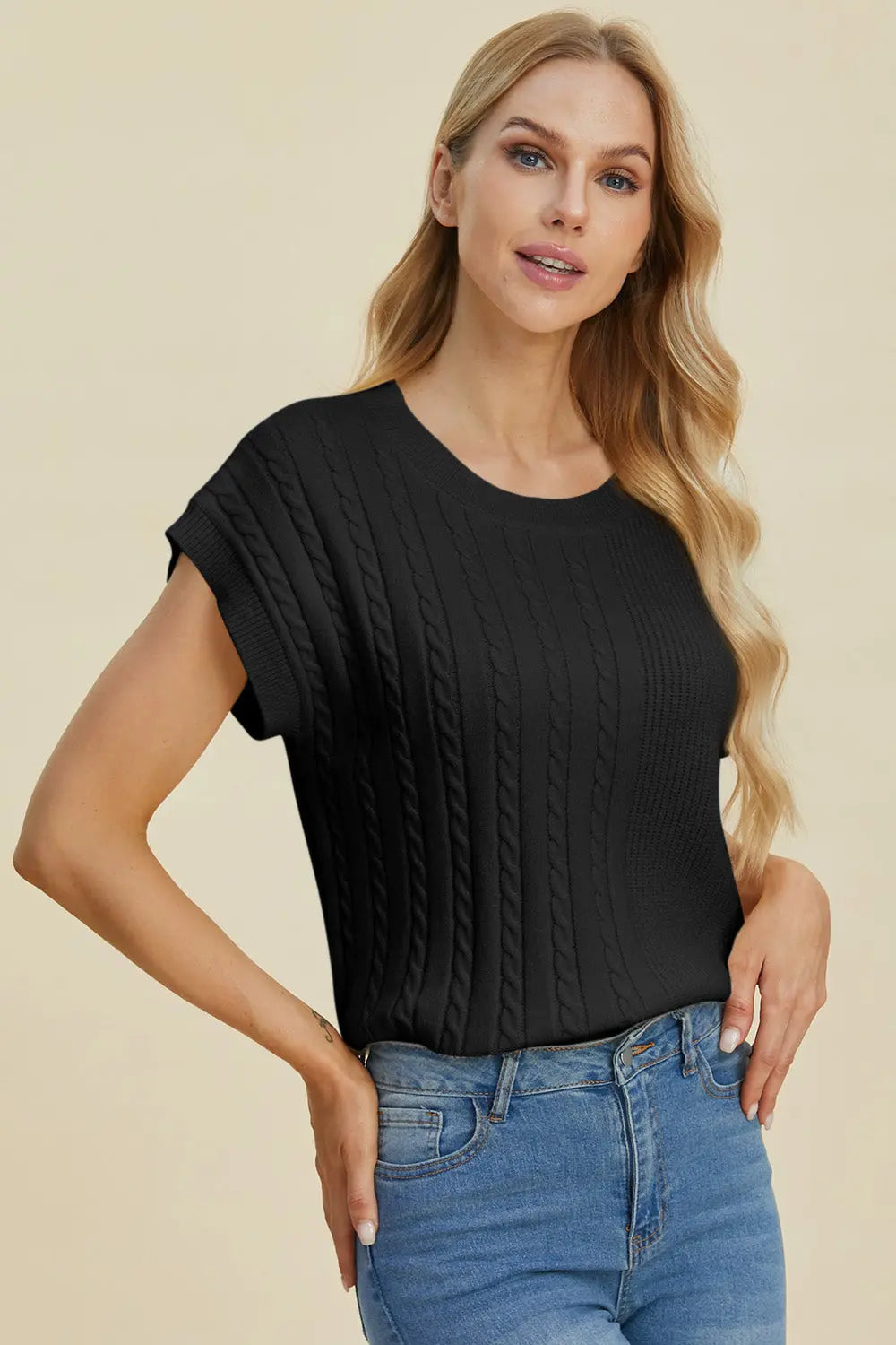 Double Take Full Size Cable Knit Round Neck Short Sleeve Sweater for Women - Cozy Casual Pullover Top for Fall & Winter - Perfect for Office, Date Night and Weekend Outings
