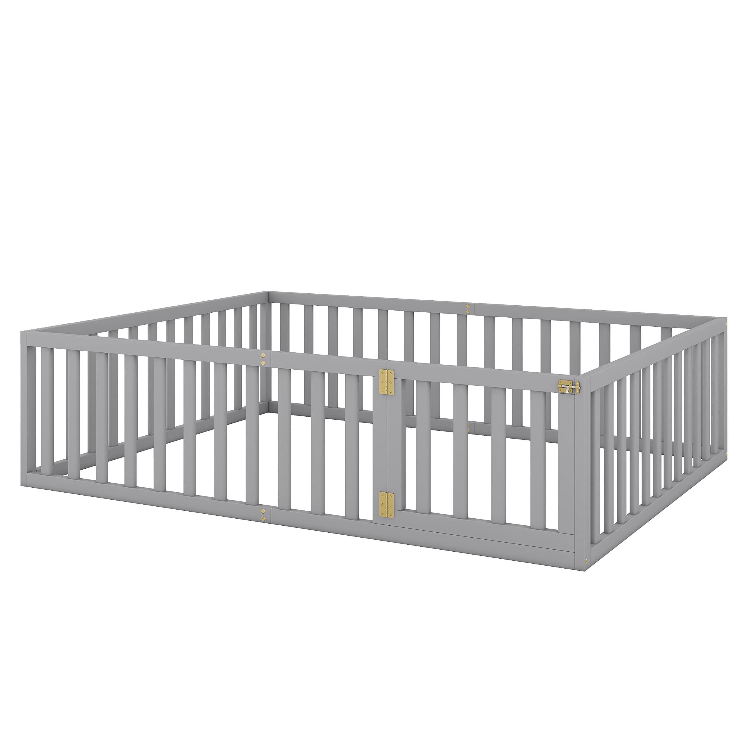Harper & Bright Designs Queen Size Montessori Floor Bed with Safety Fence - Solid Wood Platform Bed Frame for Kids, Boys & Girls - Gray - Perfect for Child's Room, Playroom & Montessori Learning Spaces