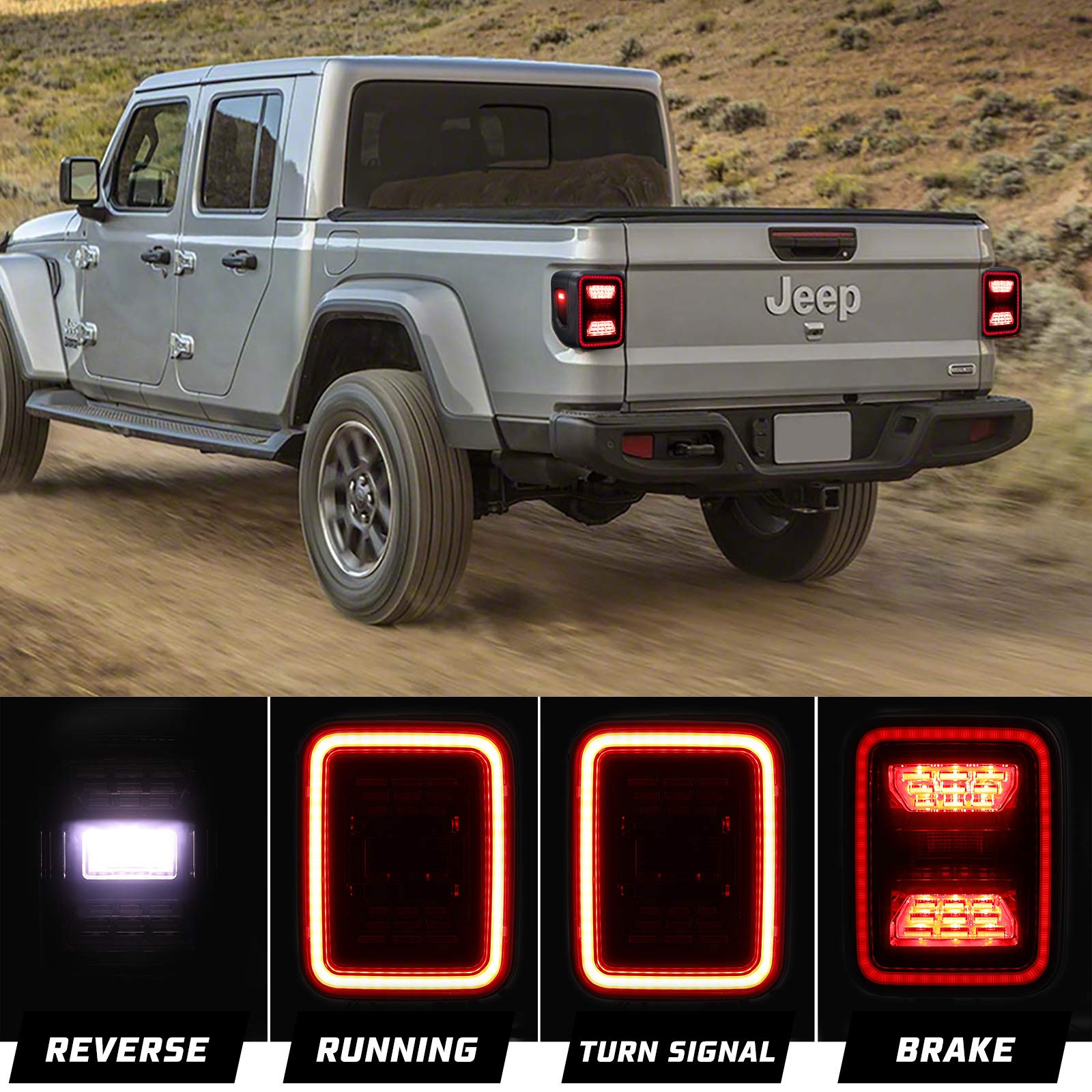Kiwi Master Smoked LED Tail Lights for 2020-2025 Jeep Gladiator JT - Black Housing Smoke Lens - Brake Light, Reverse Light & Turn Signal Light Pair - Upgrade Your Off-Road Vehicle for Night Driving & Adventure