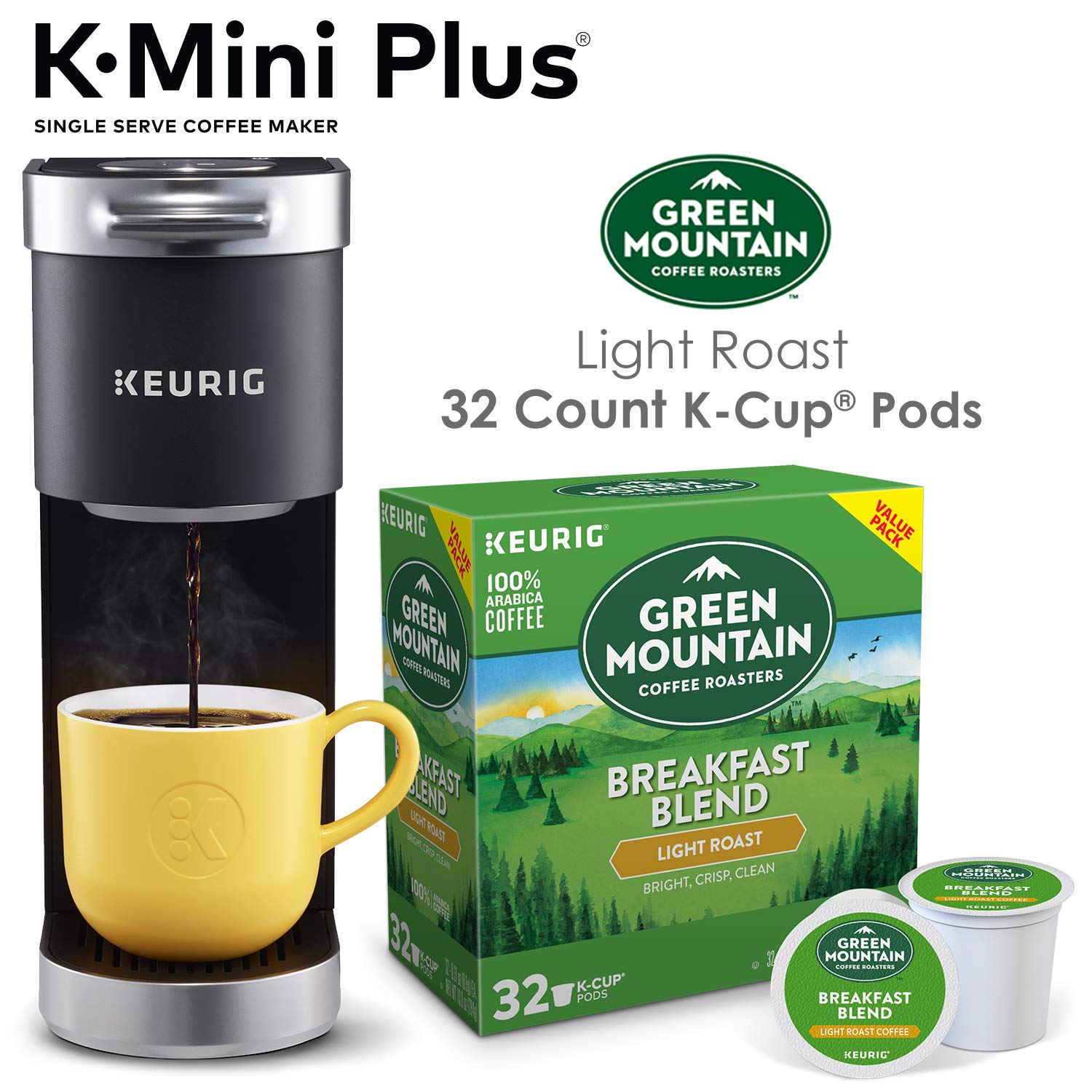 Keurig K-Mini Plus Single Serve Coffee Maker with 32 Green Mountain Breakfast Blend Coffee Pods - Compact & Fast Brewing for Home, Office, and Dorm Use