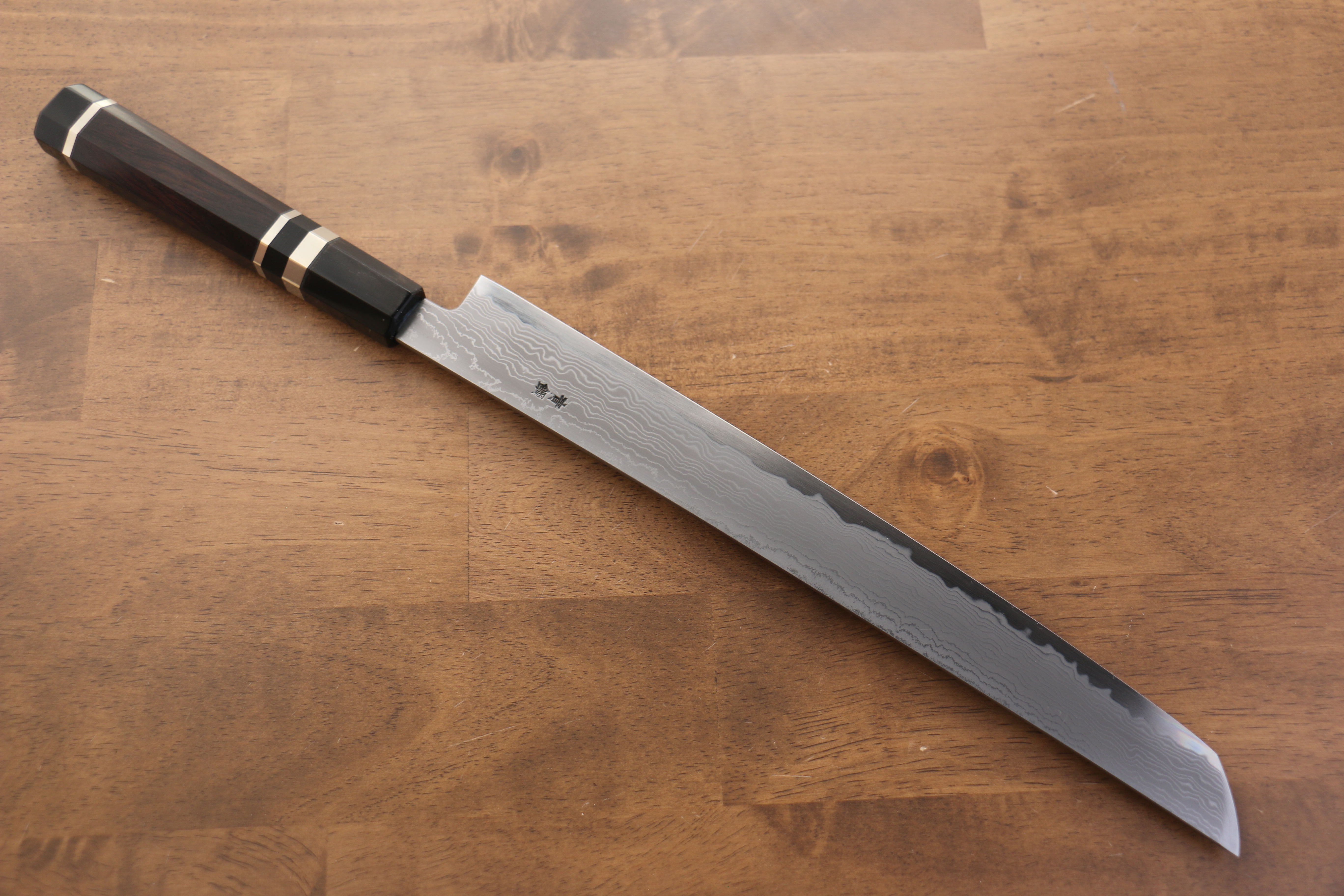 Premium Jikko Blue Steel Damascus Sakimaru Sujihiki Knife 300mm - Handcrafted Japanese Chef Knife with Ebony Wood Handle & Double Ring Design - Perfect for Slicing Sashimi, Meat, and Precision Cutting in Professional Kitchens