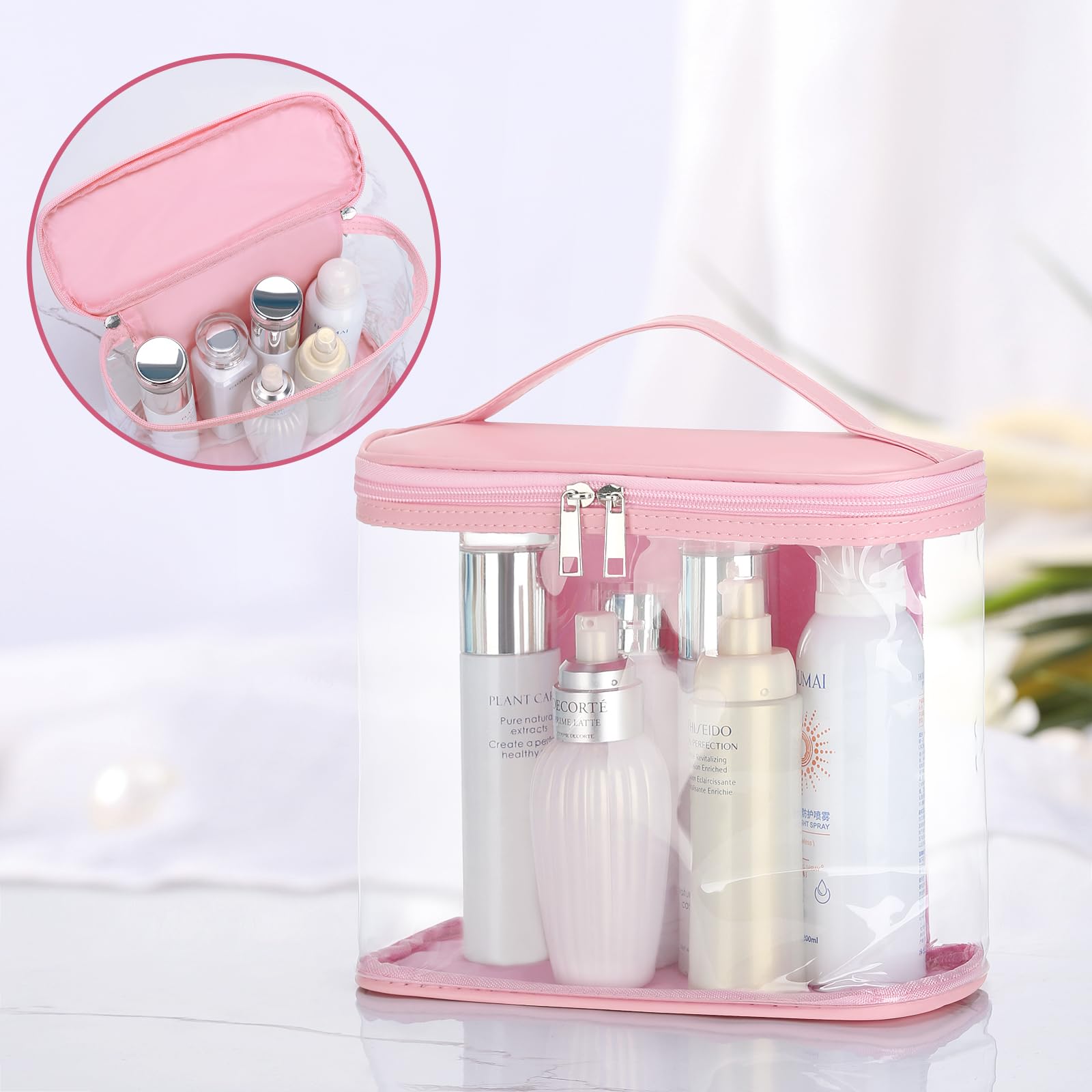 HAOGUAGUA Heavy Duty Leak Proof Clear Travel Toiletry Bag - Transparent Waterproof Cosmetic Makeup Organizer with Zipper & Handle (Large 1PC, Pink) - Perfect for Air Travel, Gym, Camping & Daily Essentials Storage