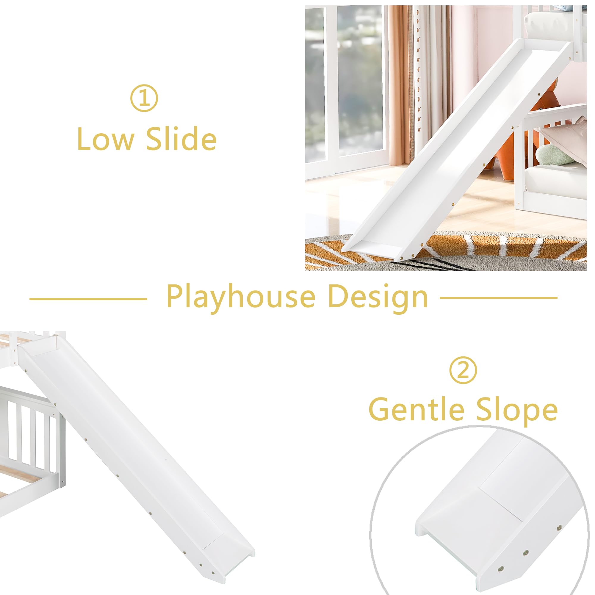 Montessori Twin Over Twin Bunk Bed with Slide & Ladder - Low Profile Kids Bunk Bed with Safety Guardrail, Headboard & Footboard - White Space-Saving Bunk Bed for Boys & Girls - Perfect for Small Bedrooms, Playrooms & Shared Kids' Rooms