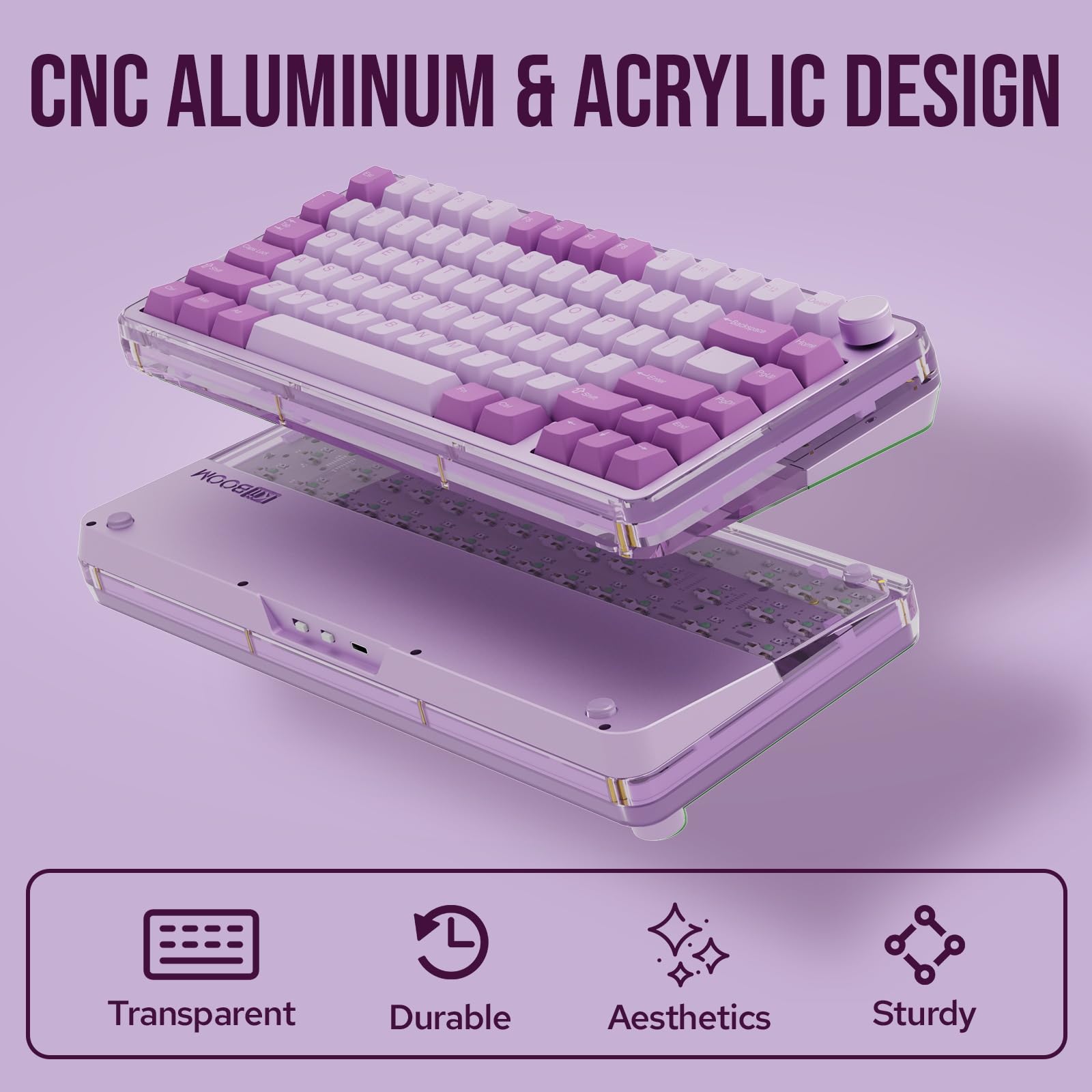 KiiBoom Breeze 75 75% Compact Mechanical Gaming Keyboard - CNC Aluminum & Acrylic Frame, USB-C/Bluetooth 5.0/2.4GHz Wireless, RGB Backlit, Gasket Mount, 8000mAh Battery - Compatible with Windows & Mac (Purple) - Perfect for Gaming, Office Work & Typing Enthusiasts