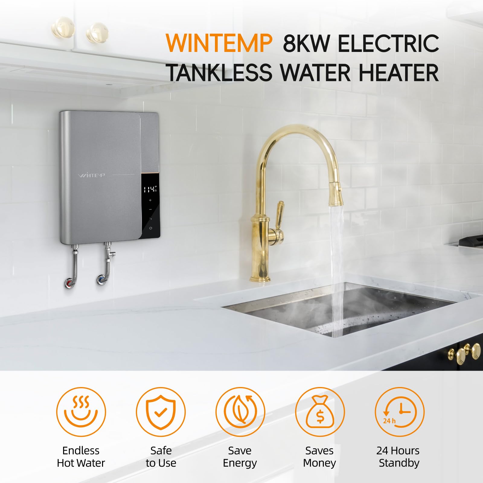 8KW 240V Tankless Electric Water Heater - On-Demand Instant Hot Water with WiFi Control & LED Display | Energy Efficient, Space-Saving Design by WINTEMP | Perfect for Homes, Apartments, RV & Off-Grid Living