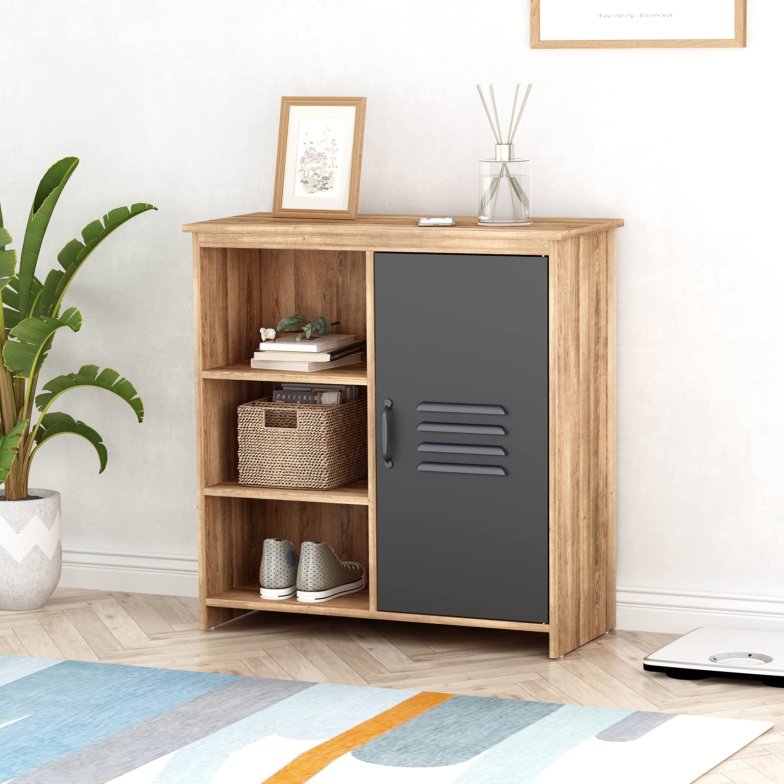 Industrial Wooden Storage Cabinet with 3 Adjustable Shelves & Doors - 31.5