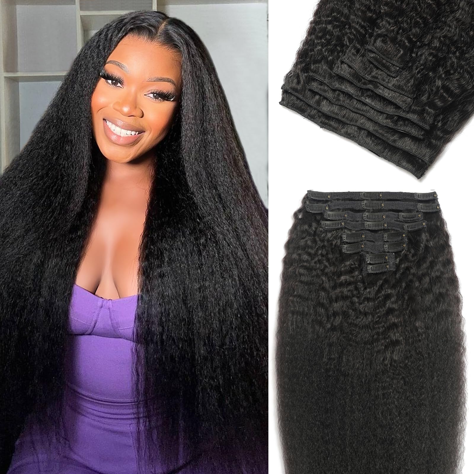 Kinky Straight Clip-In Hair Extensions 20 Inch - 8Pcs 120g Real Human Brazilian Remy Hair - Natural Black Double Weft for Women | Perfect for Volume, Length & Styling for Parties, Weddings & Daily Wear