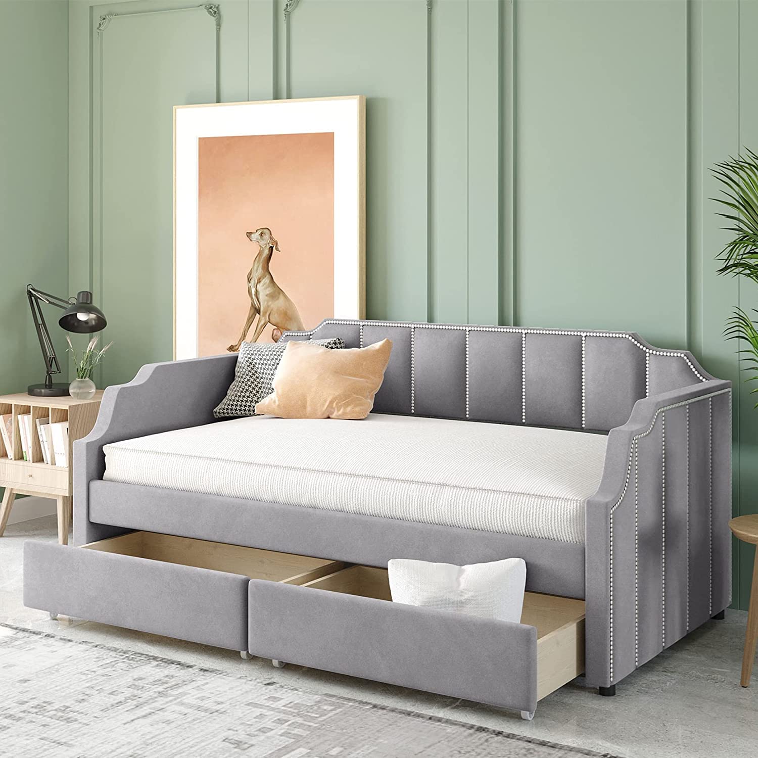 Upholstered Twin Daybed with Storage & 2 Drawers - Tufted Sofa Bed with Wood Slat Support for Bedroom & Living Room (Gray) | Perfect for Guest Rooms, Small Spaces & Multi-Functional Furniture Needs
