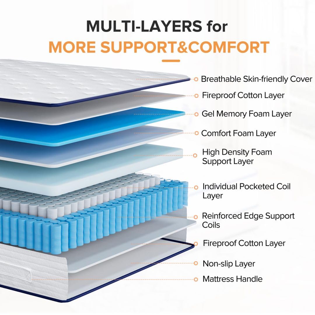 TXO 10 Inch Hybrid Queen Mattress - Medium Firm with Pocketed Springs & Gel Memory Foam for Edge Support, Motion Isolation & Pressure Relief - Bed in a Box for Back Pain Relief & Cool Sleep - Perfect for Master Bedrooms, Guest Rooms & Apartments