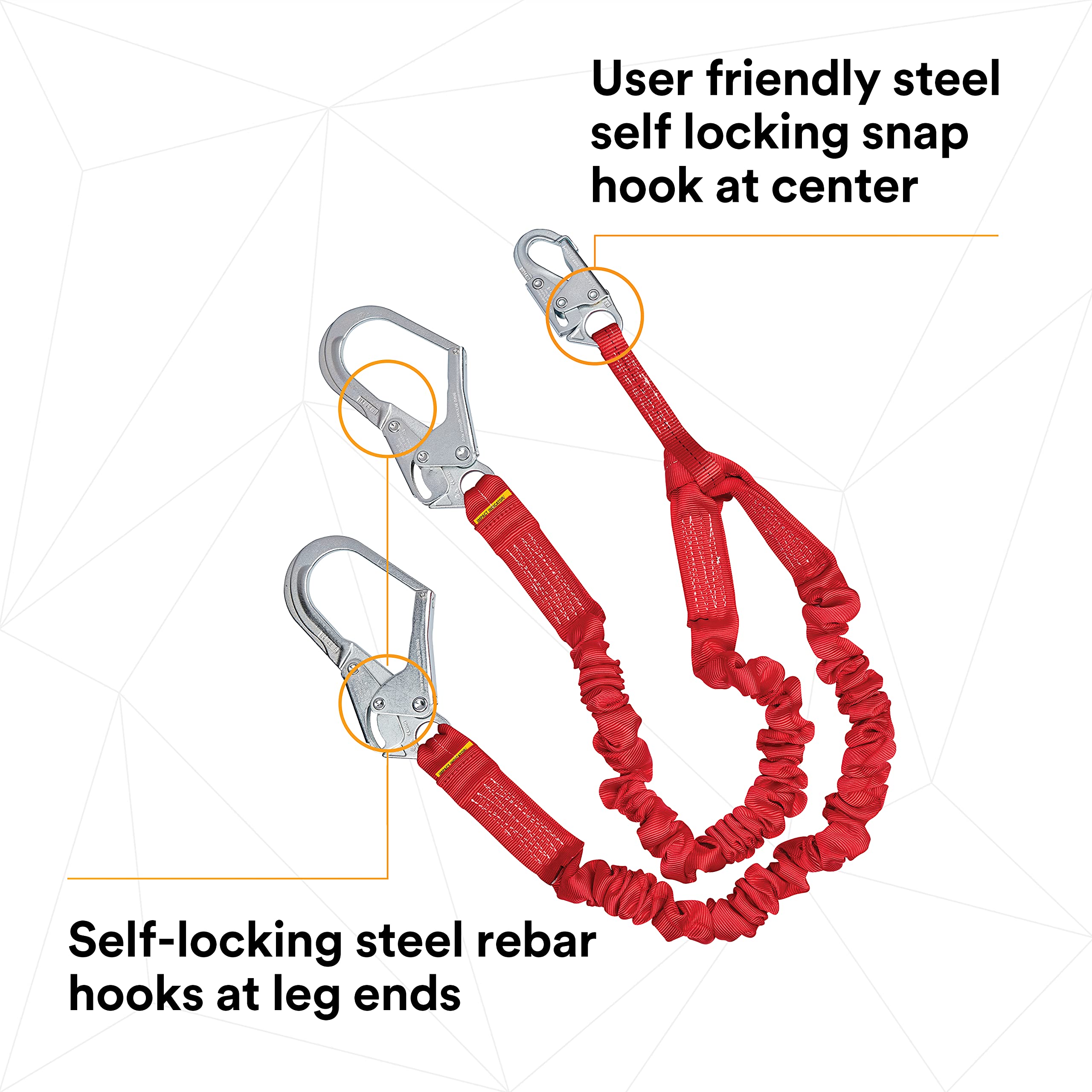 3M Protecta PRO 1340161 6-Foot Elastic Shock Absorbing Safety Lanyard with Snap Hook & Steel Rebar Hooks - 310 lb Capacity, Red - Ideal for Construction, Roofing & Fall Protection Work