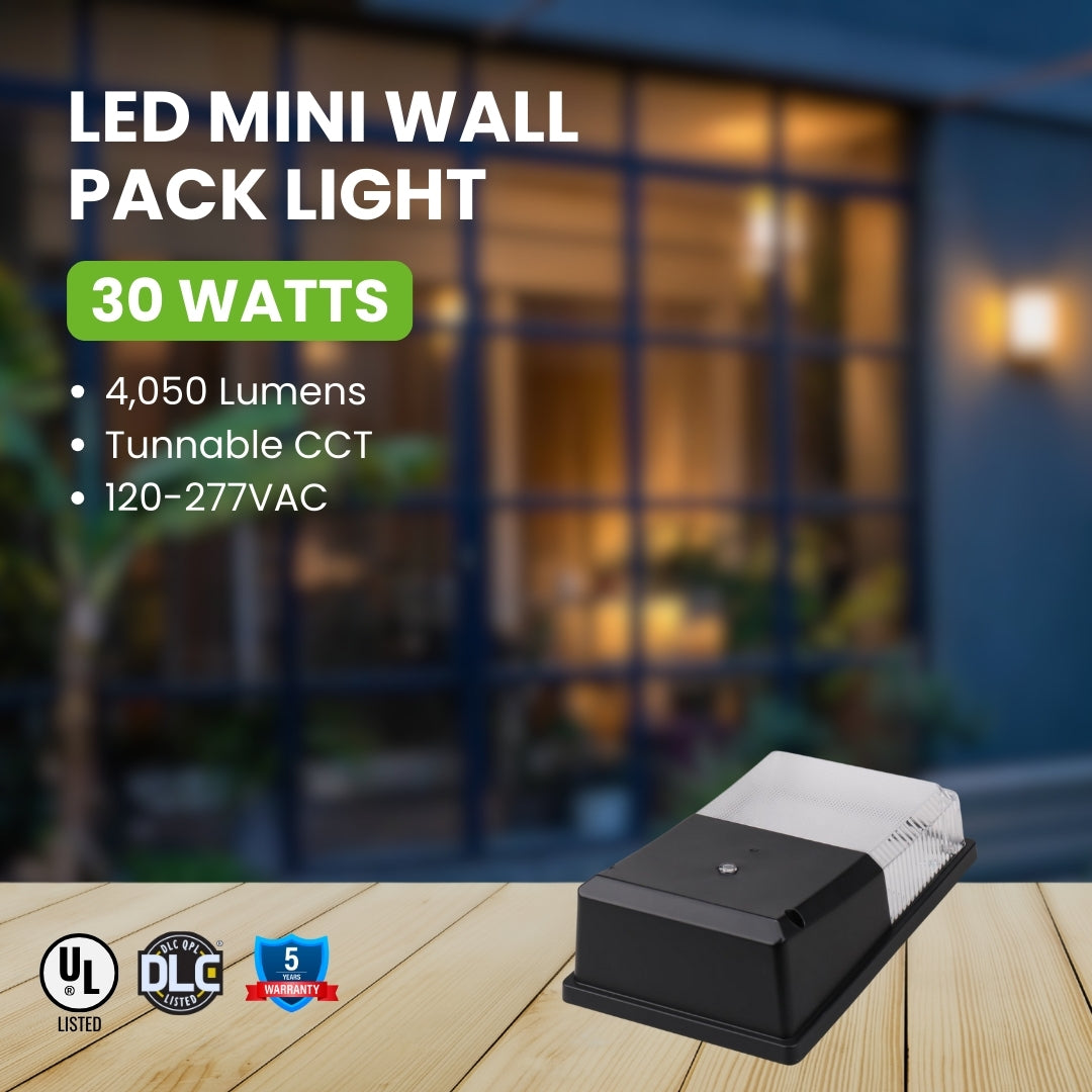 30W LED Mini Wall Pack Light - Small Outdoor Lighting with DC Photocell & Tunable CCT (3000K-5000K) - MWP5 UL DLC Certified - Perfect for Pathways, Garages, and Building Exteriors