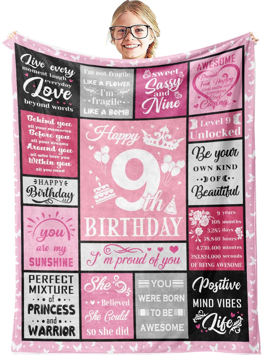 Soft Fluffy 60x50in Blanket - Perfect 9th Birthday Gift for Girls | Cute & Cozy Throw Blanket for 9 Year Old Girls | Birthday Decorations & Sleepovers | Great for Bedroom, Reading Nook & Movie Nights