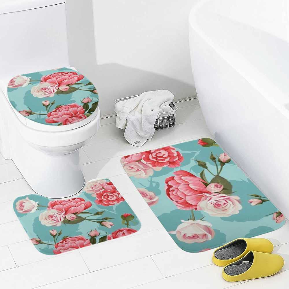 Hapuxt 3-Piece Bath Rug Set - Non-Slip Absorbent Bath Mats with Peony Rose Design, Toilet Lid Cover & U-Shaped Contour Rug - Machine Washable for Bathroom Safety & Comfort
