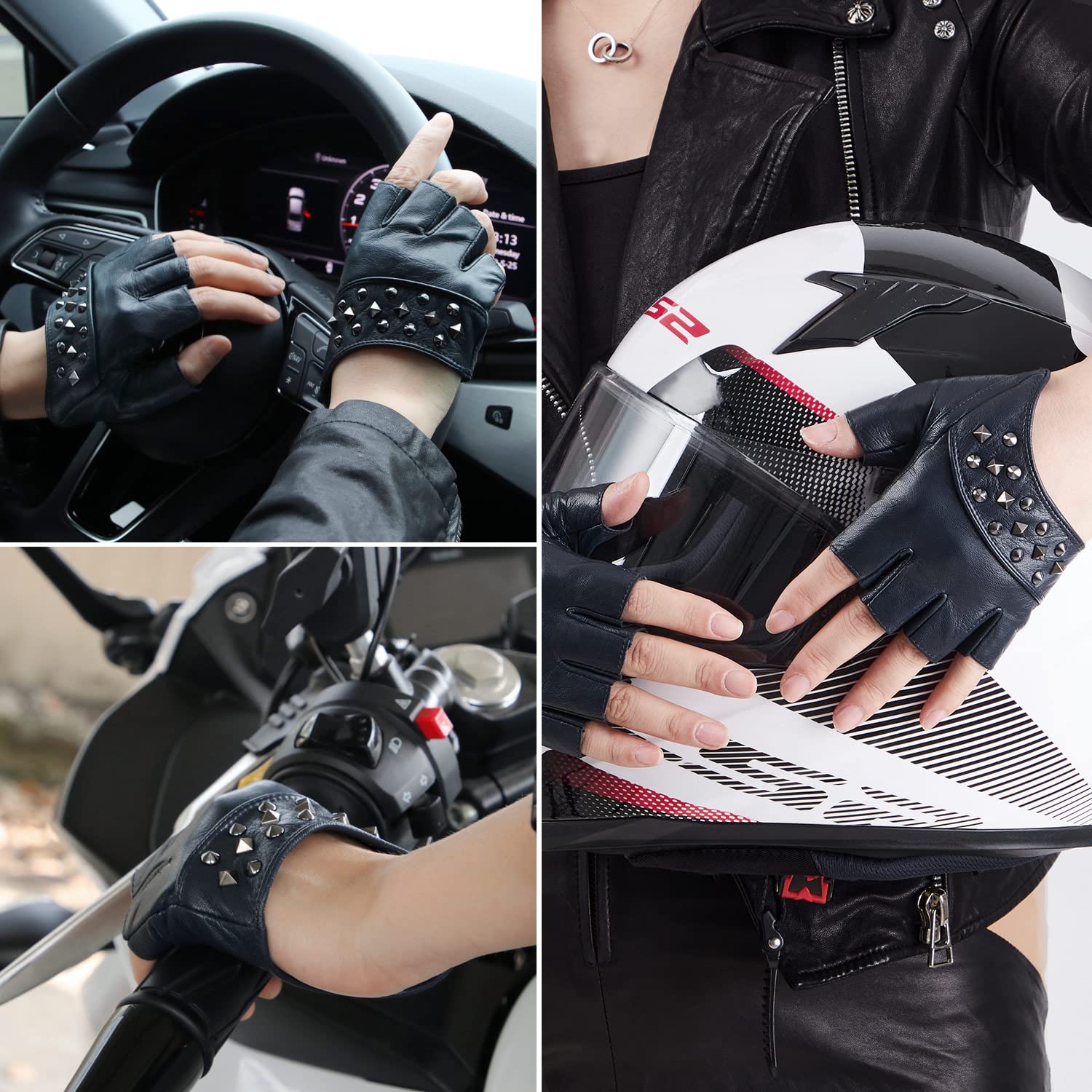 FIORETTO Women's Fingerless Leather Gloves for Driving - Unlined Half Finger Punk Gloves (180413) | Stylish Motorcycle Riding & Winter Fashion Accessory