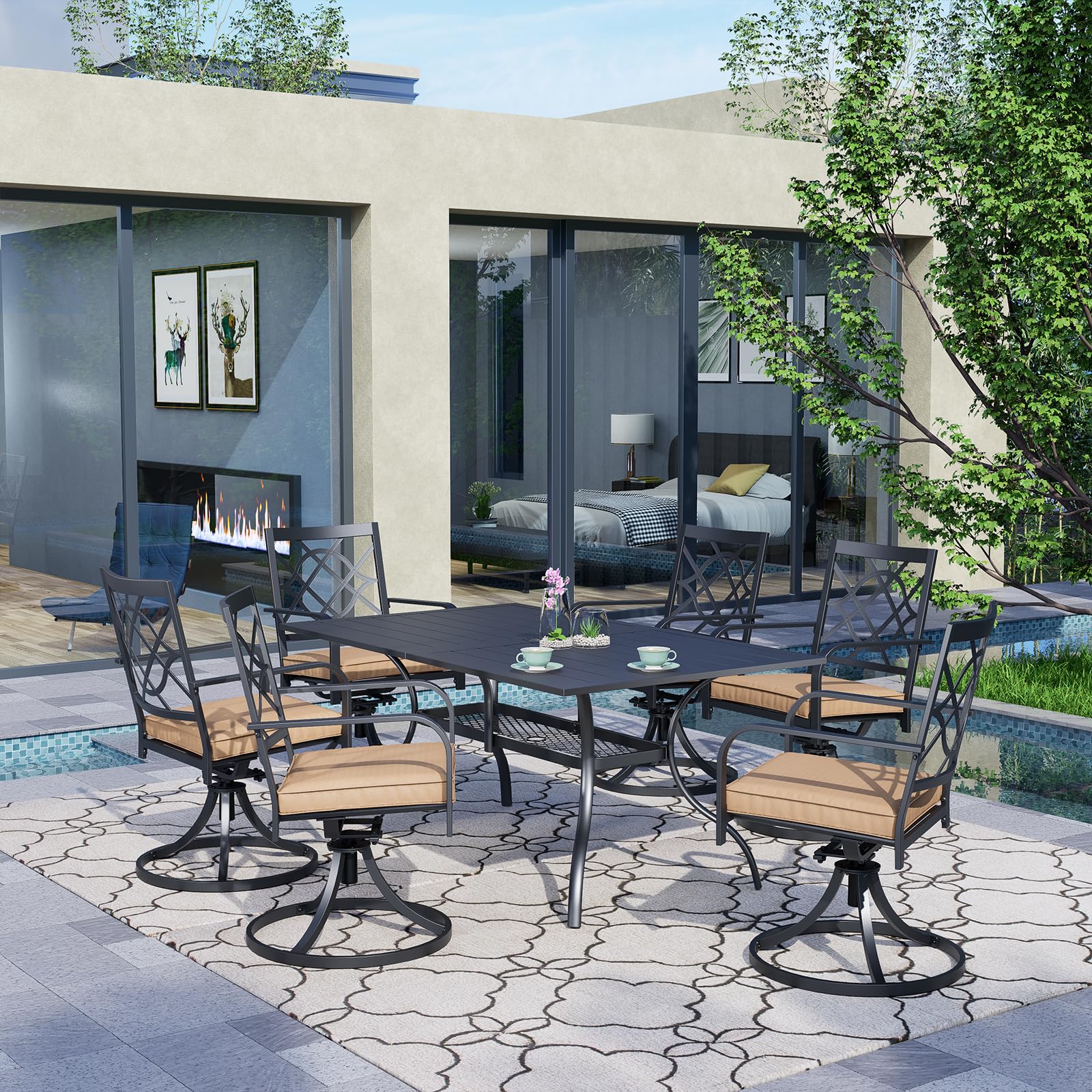 SOLAURA 7-Piece Outdoor Patio Dining Set - 6-Person Metal Swivel Chairs with Slat Table Top & 1.57