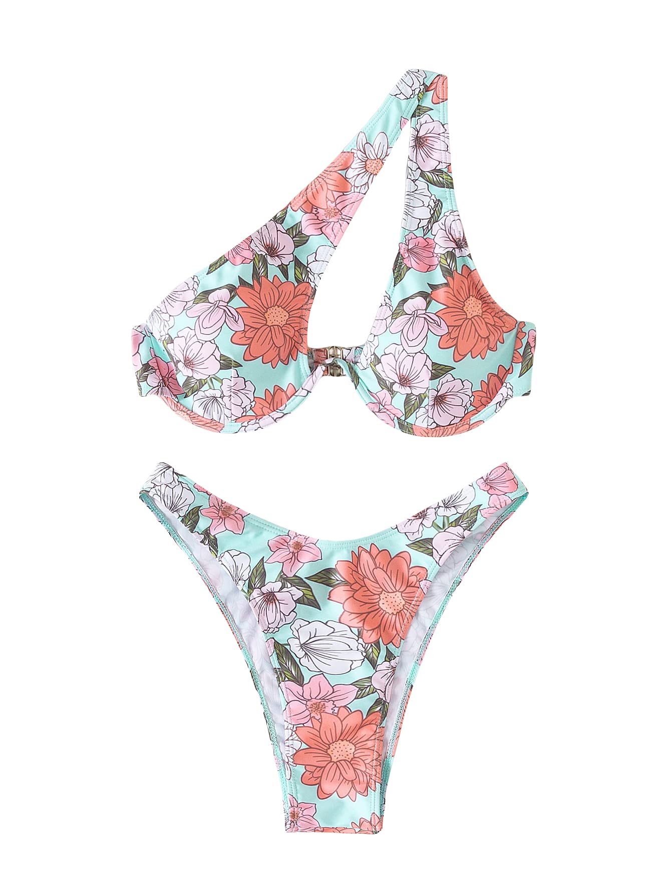WDIRARA Women's Sexy Cut Out One Shoulder Printed Bikini Set - 2 Piece Swimwear for Beach, Pool Party & Summer Vacation | High Waist Bottom & Trendy Swimsuits for Women