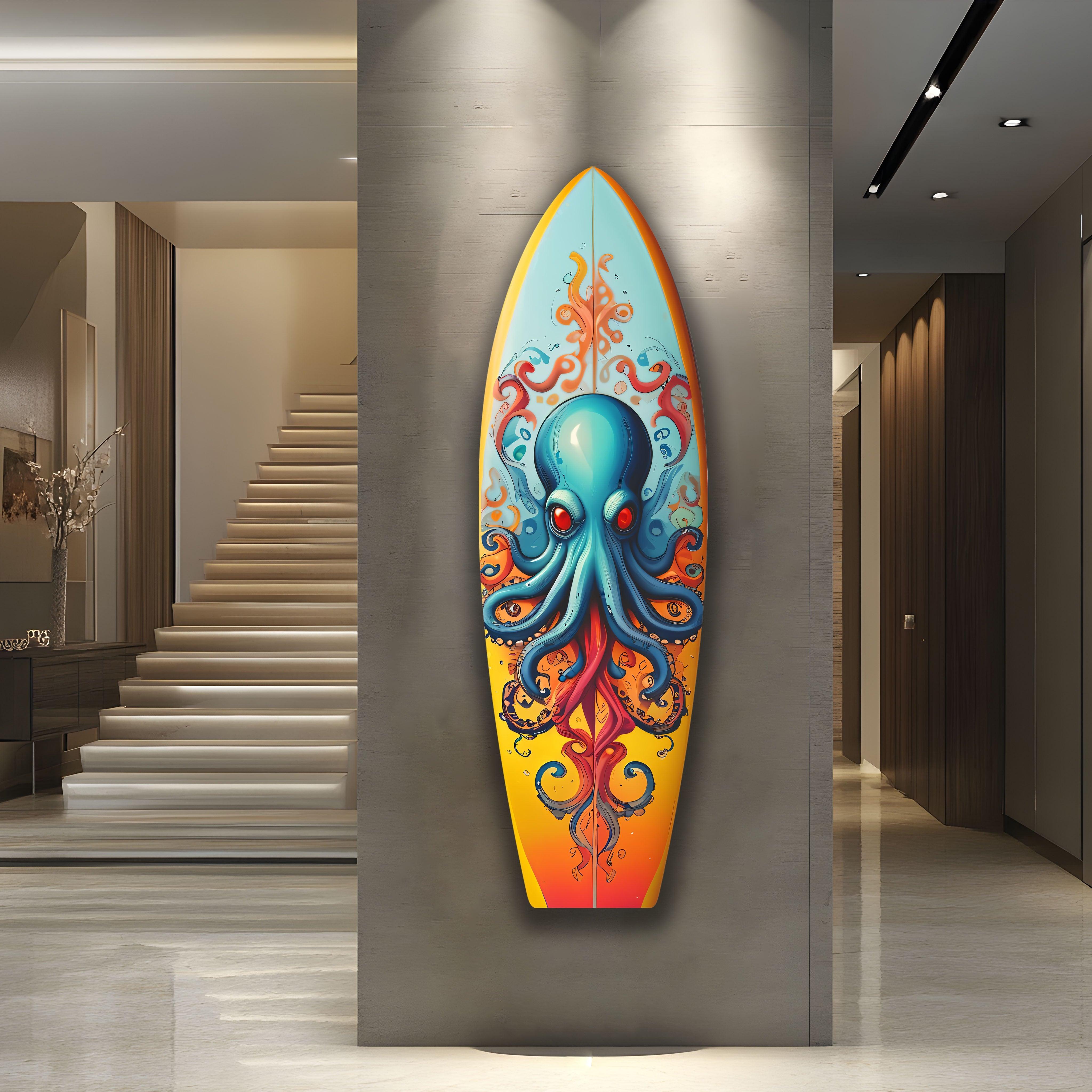Blue Octopus Surfboard Wall Art - Unique Coastal Decor for Beach House, Surf Shop & Ocean-Themed Rooms | Perfect Gift for Surf Lovers