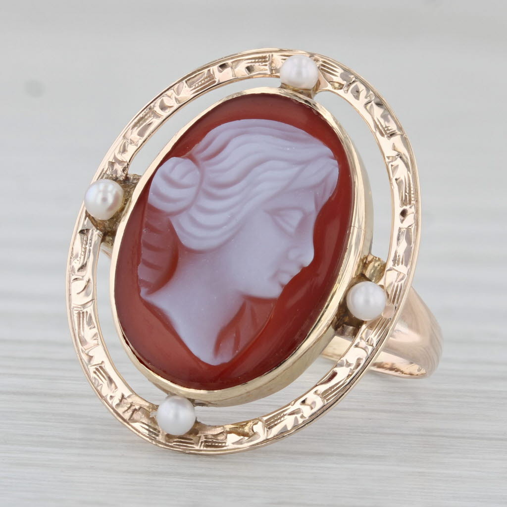 10k Yellow Gold Antique Carved Sardonyx Cameo Pearl Ring - Size 8.25 - Vintage Jewelry for Women, Bridal Gift, Anniversary Present, Special Occasion Accessory