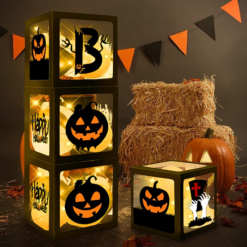 4PCS Halloween Decorations Balloons Boxes - Boo Transparent LED Lighted Party Supplies for Indoor & Outdoor Decor, Trick or Treat Favors, Haunted House & Yard Displays