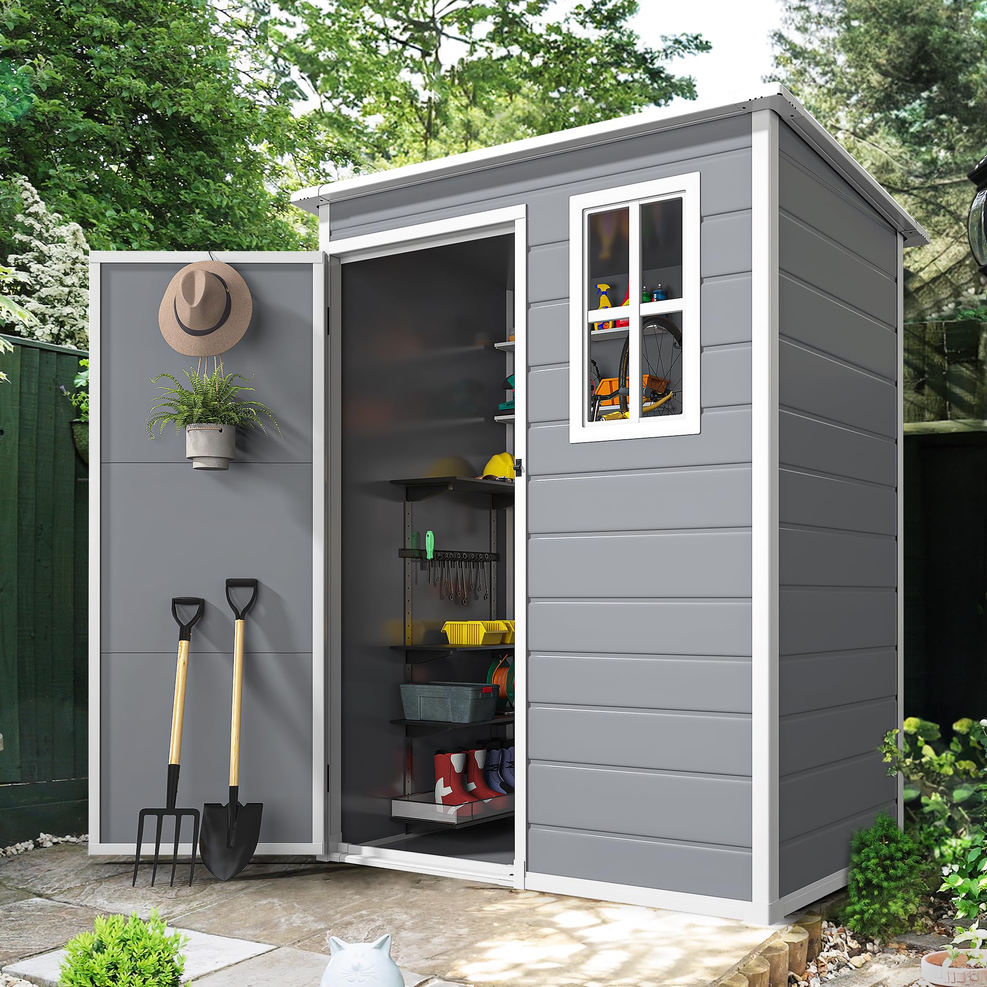 DWVO 5x3ft Waterproof Resin Outdoor Storage Shed with Floor & Lockable Door - Heavy Duty Plastic Garden Shed with Window for Backyard, Patio, Lawn Tool Organization (Gray) - Perfect for Storing Lawn Mowers, Gardening Tools & Outdoor Equipment