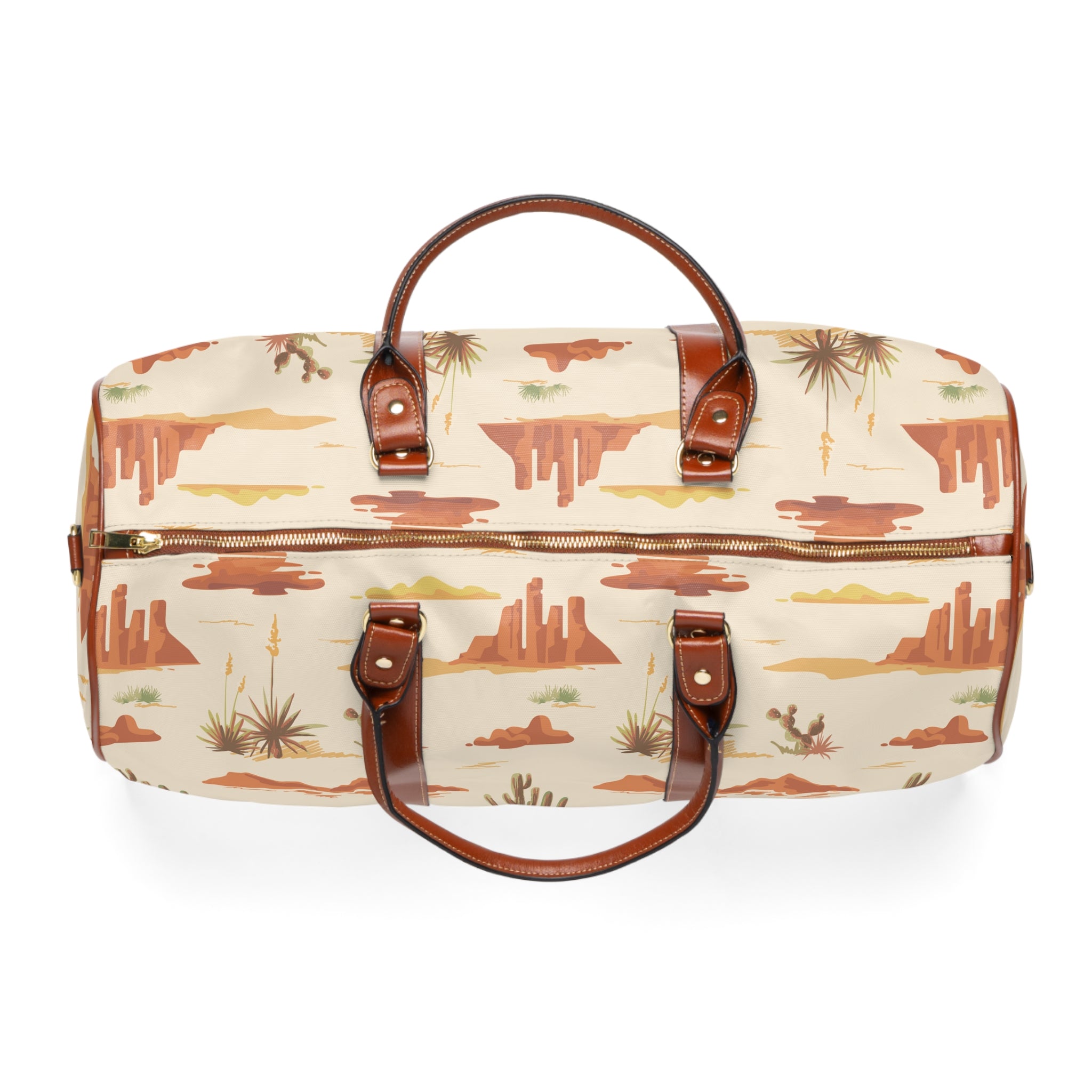 Southwestern Desert Cacti Waterproof Duffle Bag - Travel Tote & Vegan Leather Weekender Overnight Bag with Desert Print | Perfect for Gym, Camping, Beach Trips & Weekend Getaways