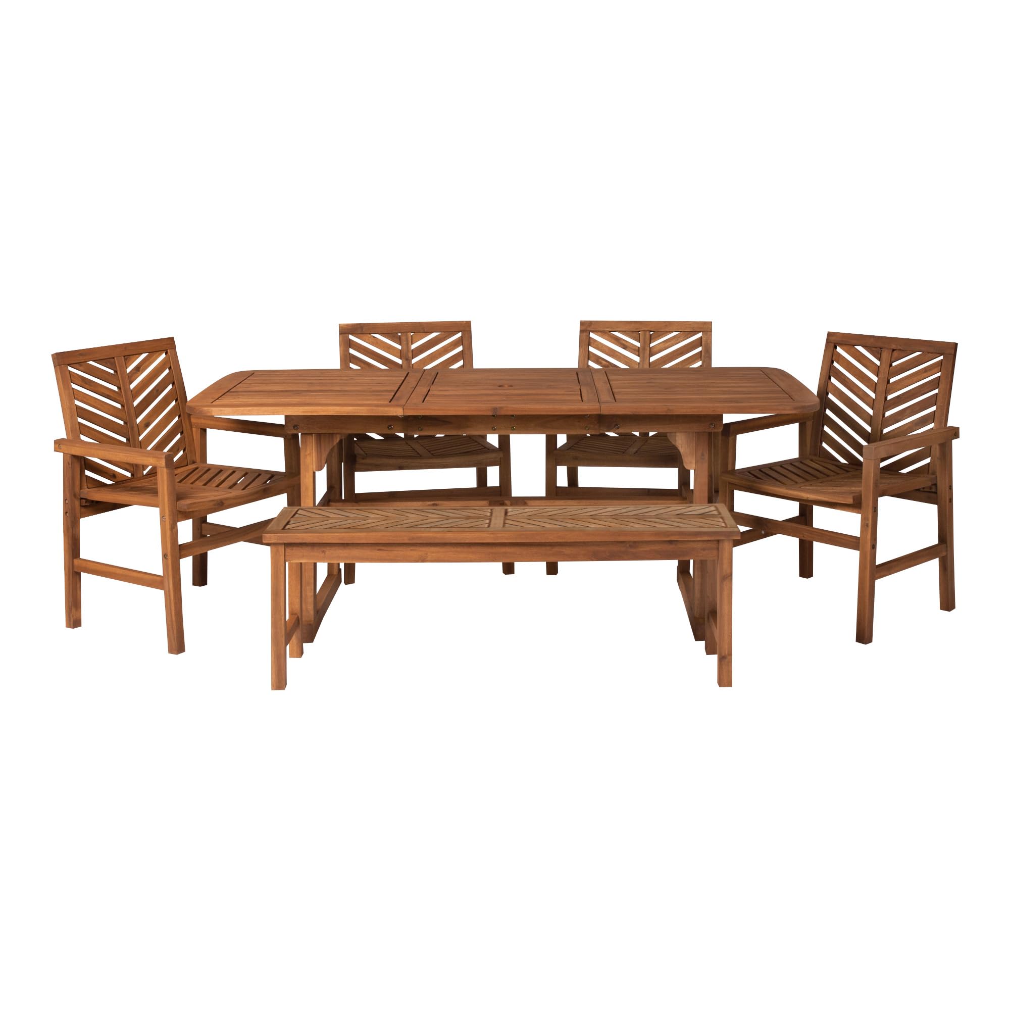 Walker Edison 7-Piece Outdoor Wood Chevron Patio Dining Set - Extendable Table, 4 Chairs & Bench - All-Weather Brown Furniture for Backyard, Garden, Poolside, Balcony - Perfect for Outdoor Entertaining & Family Gatherings