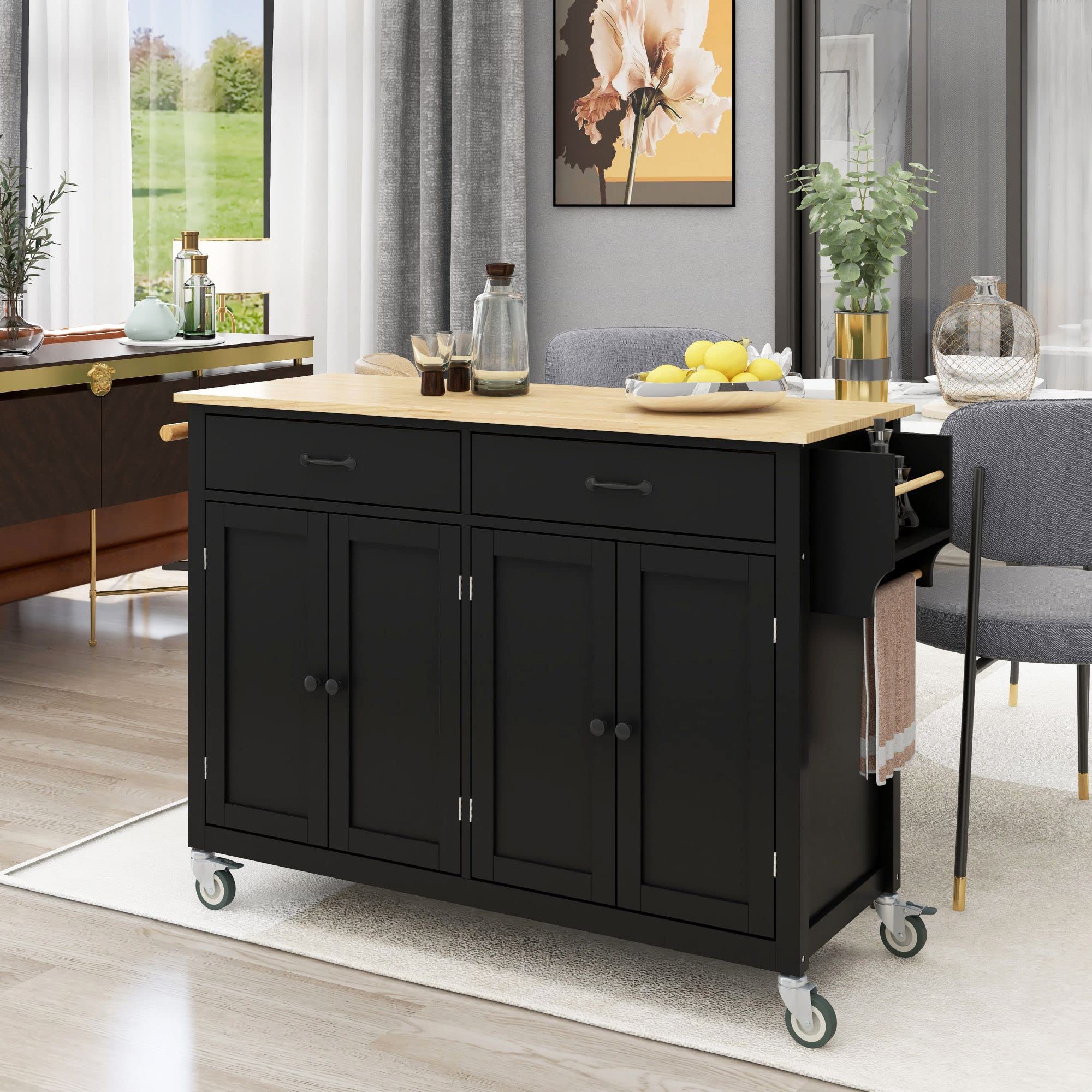 Tmosi Rolling Kitchen Island Cart with Storage - Solid Wood Top Mobile Kitchen Cart with 2 Drawers, Spice Rack & Towel Rack - Perfect for Small Kitchens, Dining Rooms & Food Prep Areas (Black)