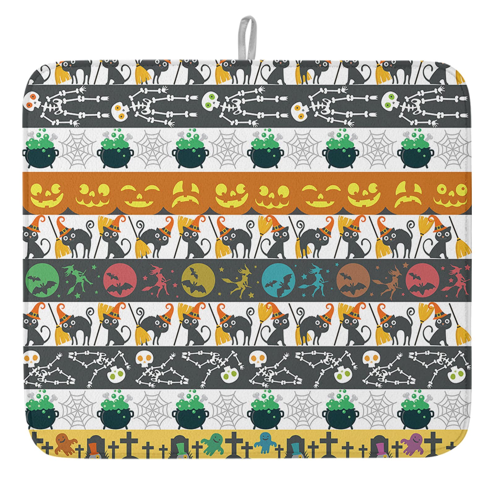 Halloween Cat Wizard Dish Drying Mat - Absorbent Microfiber Kitchen Counter Mat with Skeleton Pumpkin Tombstone Design, Reversible & Quick-Drying Dish Drainer Rack (16x18 Inches) - Perfect for Halloween Decor, Kitchen Counter Protection & Dish Drying