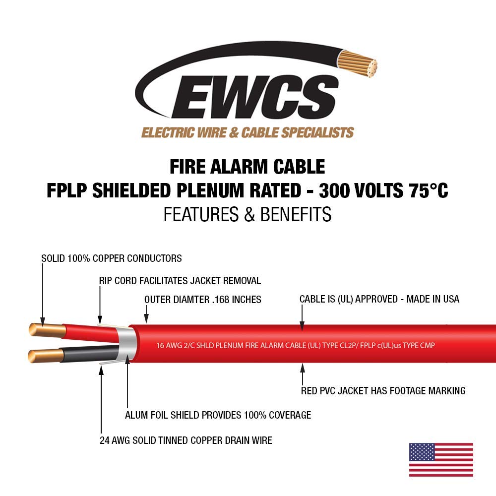 16 AWG 2-Conductor Solid 100% Copper Fire Alarm Cable - UL Certified FPLR Riser Rated Shielded EWCS - 1000ft for Commercial Buildings, High-Rise Fire Safety Systems & Alarm Installations
