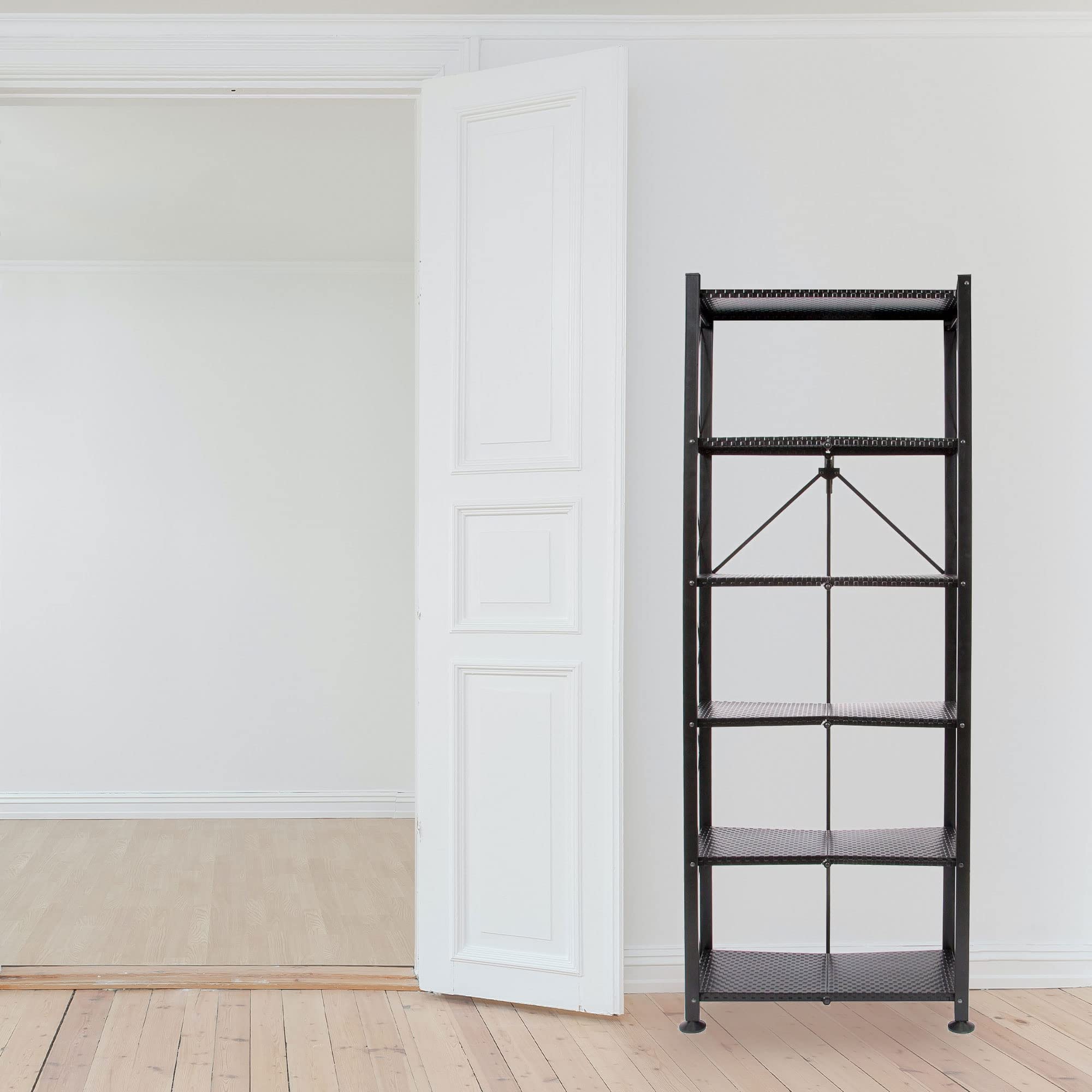 Origami 6-Tier Metal Storage Shelves - Heavy Duty Bookcase for Books, Decor, Vinyl Records | Garage & Home Organization | Black Shelving Unit for Living Room, Bedroom, Office & Storage Spaces