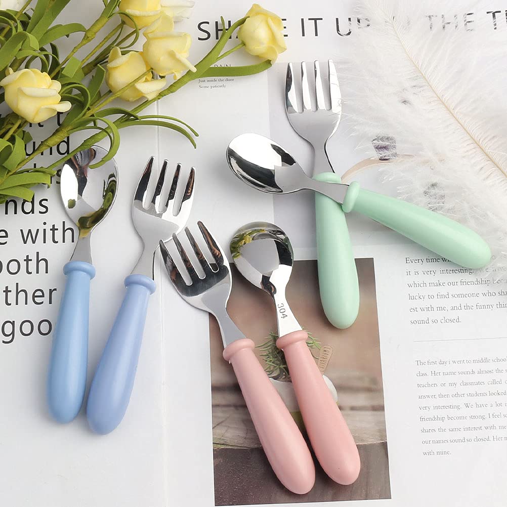 Lanjue 3-Piece Stainless Steel Baby Fork and Spoon Set (6-Pack) - Toddler Utensils with Rounded Handles for Safe Self-Feeding | BPA-Free Kids Flatware for Home, Travel & Daycare Use