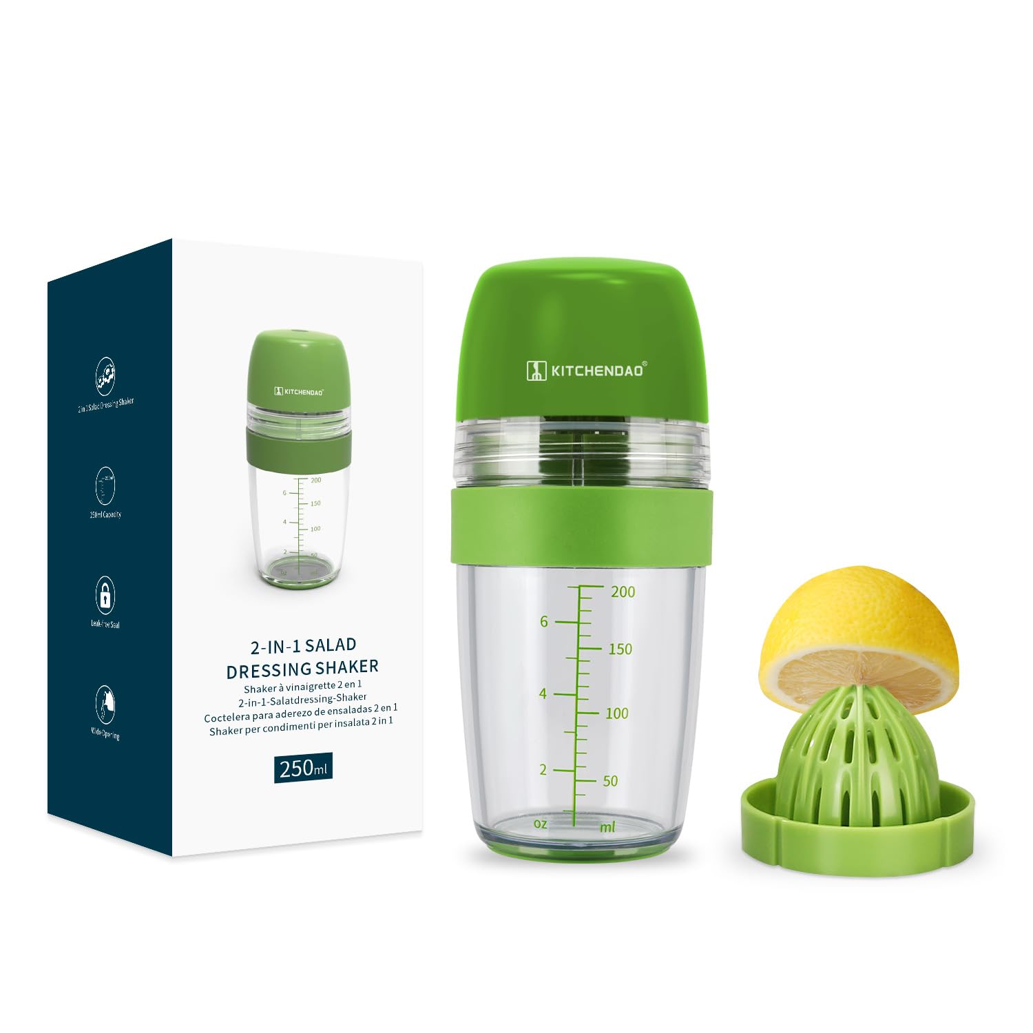 KITCHENDAO 2 in 1 Salad Dressing Shaker Bottle with Juicer - Leakproof Oil & Vinegar Mixer with Pour Spout, Soft Grip & Dishwasher Safe - BPA Free Travel Container for Homemade Dressings - Perfect for Salads, Meal Prep & Outdoor Picnics (1 Cup)
