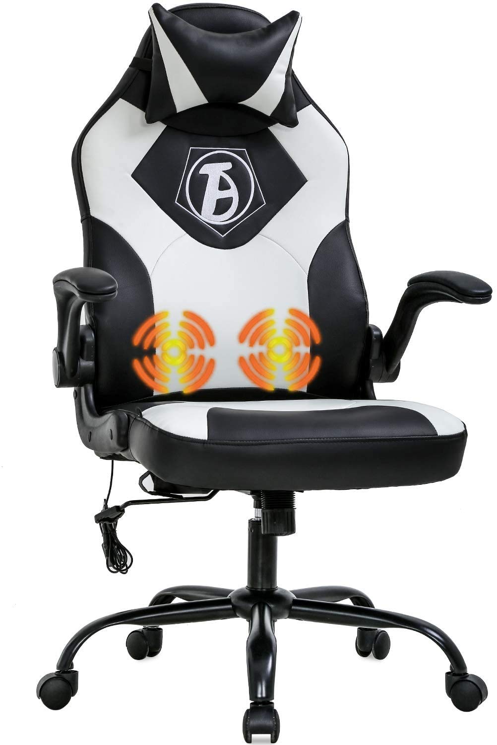 Ergonomic PC Gaming Chair with Massage & Lumbar Support - Adjustable Racing Style Office Chair with Flip-Up Arms & Headrest - White Leather Video Game Chair for Home & Office Use - Perfect for Esports, Streaming & Long Work Sessions