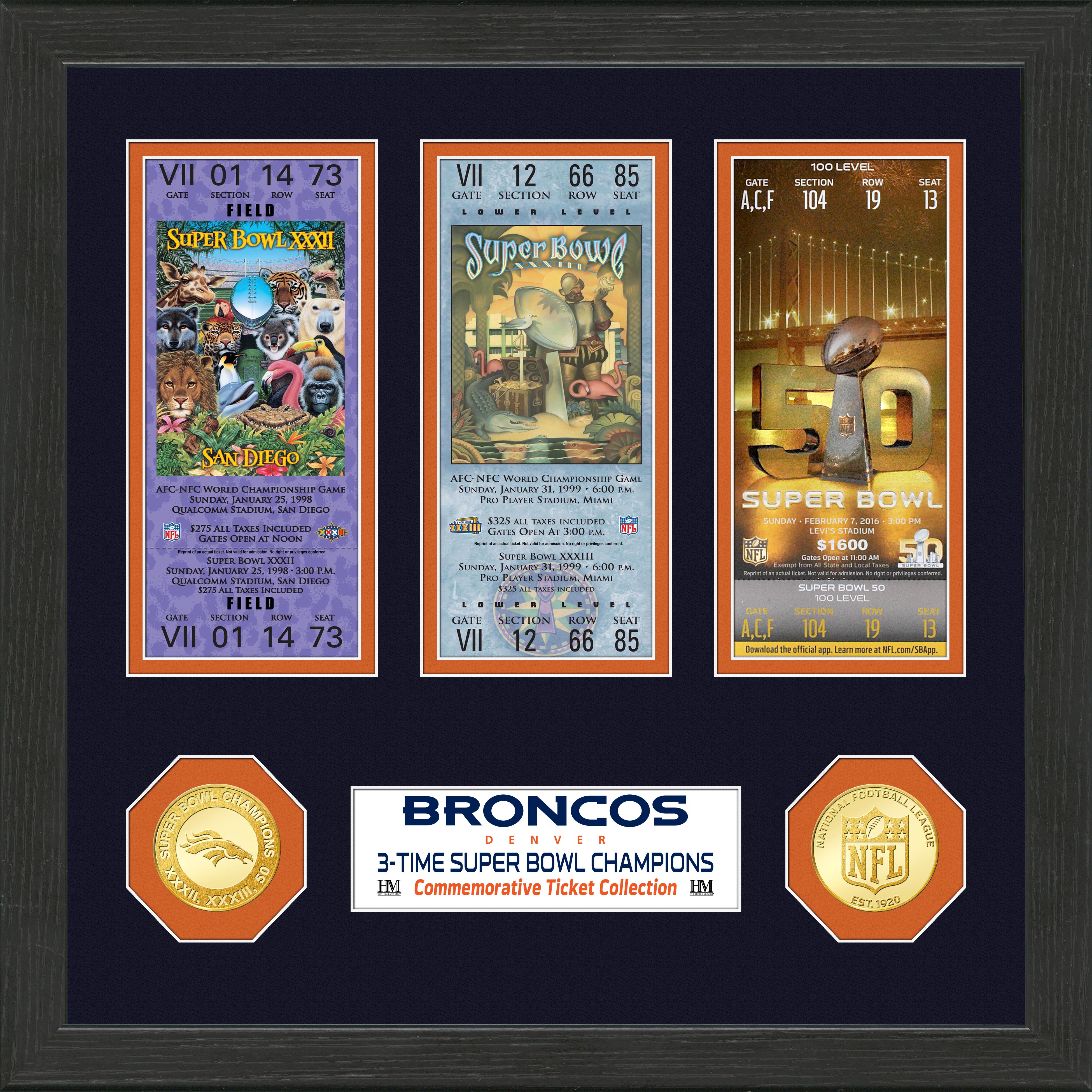 Denver Broncos 3-Time Super Bowl Champions Commemorative Ticket Collection - Perfect for NFL Fans, Sports Memorabilia Collectors, and Broncos Supporters - Great for Man Cave, Sports Room Decor, and Football Gift Ideas
