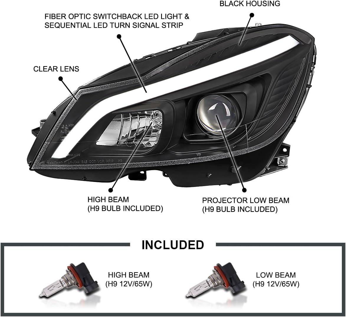 2012-2014 Mercedes Benz W204 C Class LED Headlights - Switchback Sequential LED Bar Projector Headlamps with Matte Black Housing & Clear Lens - Upgrade for Night Driving & Enhanced Style